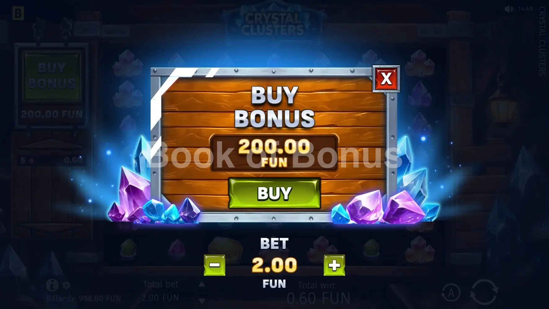 Crystal Clusters par BGaming - menu d'achat de bonus et options