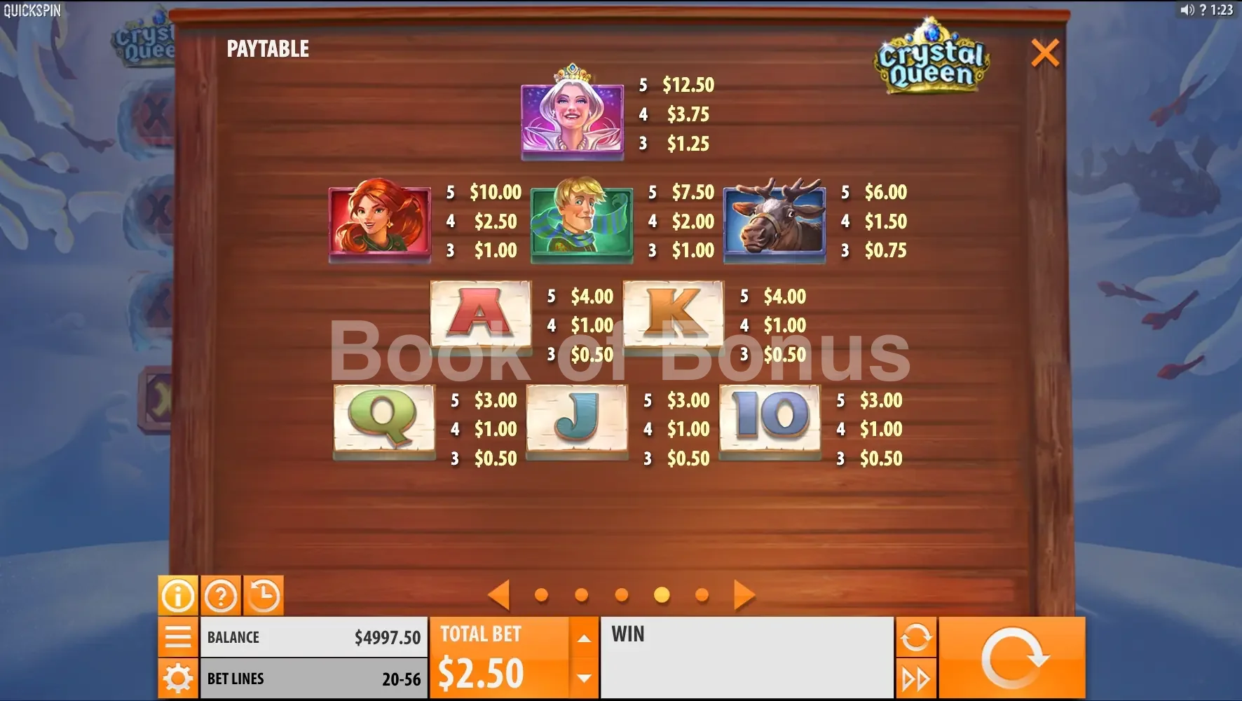 Crystal Queen par Quickspin - table des gains et valeurs des symboles