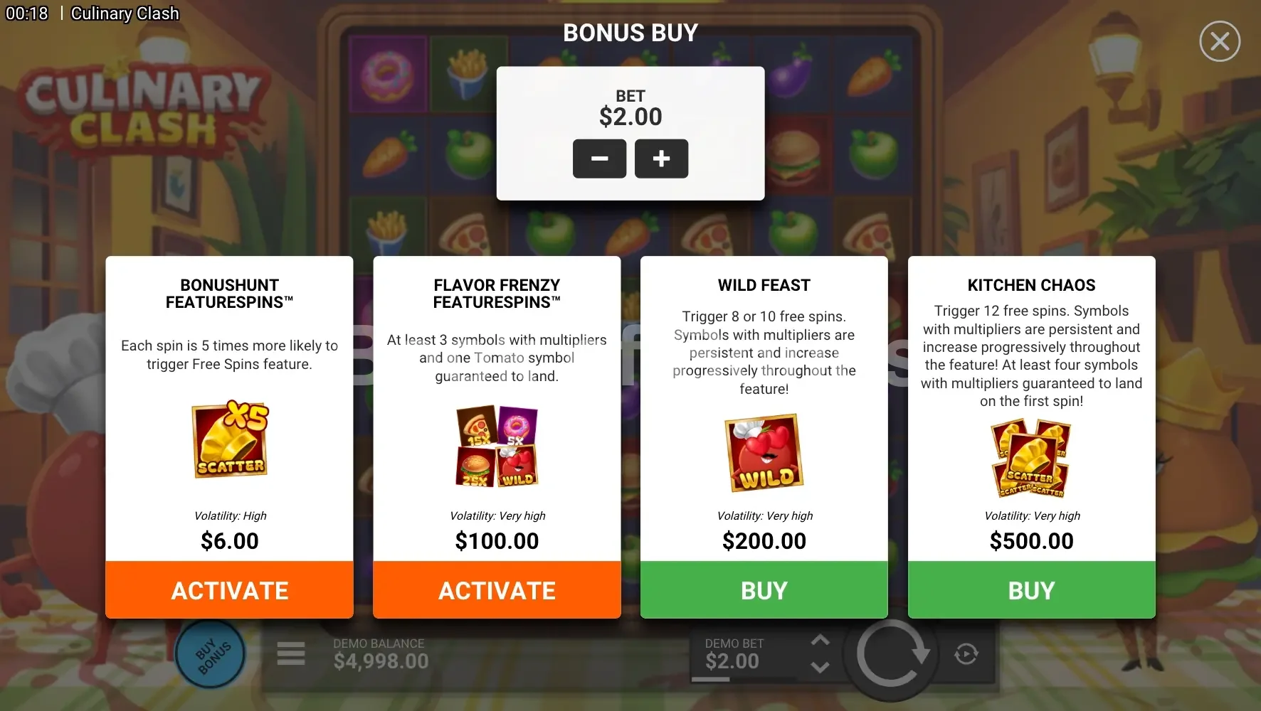 Culinary Clash par Hacksaw Gaming - menu d'achat de bonus et options