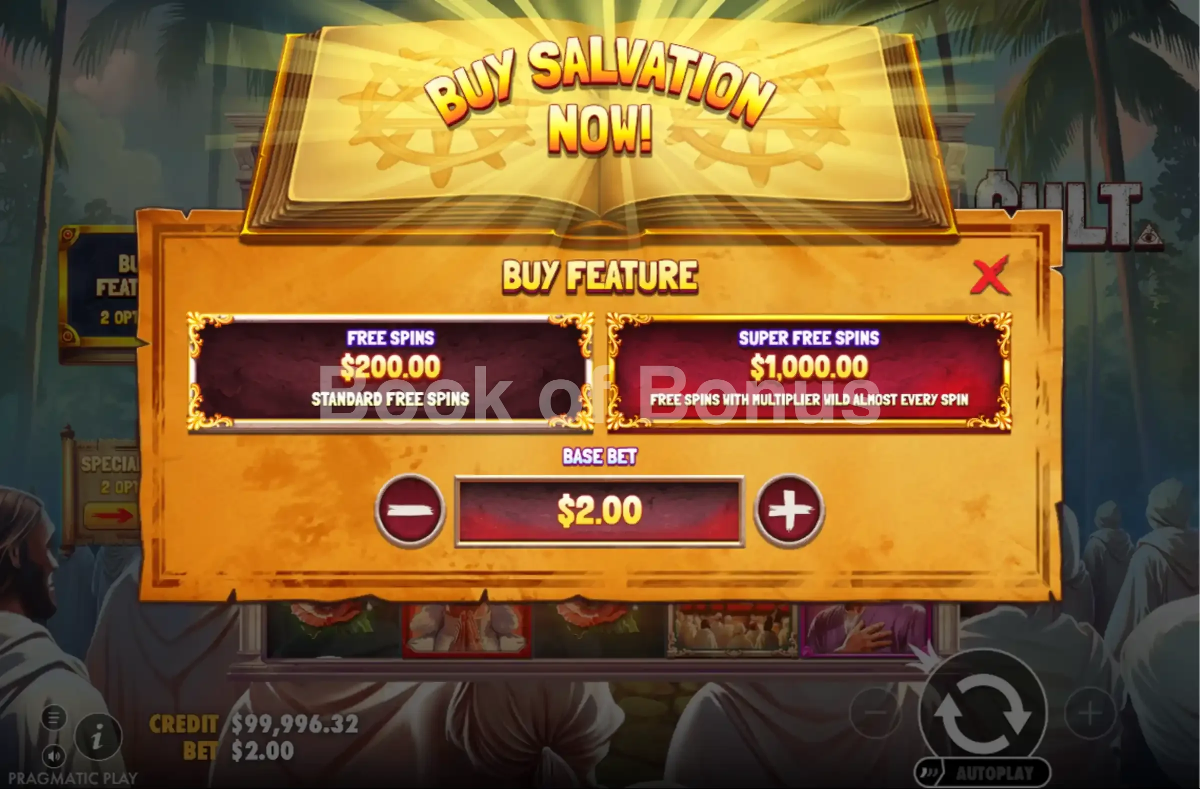 Cult par Pragmatic Play - menu d'achat de bonus et options