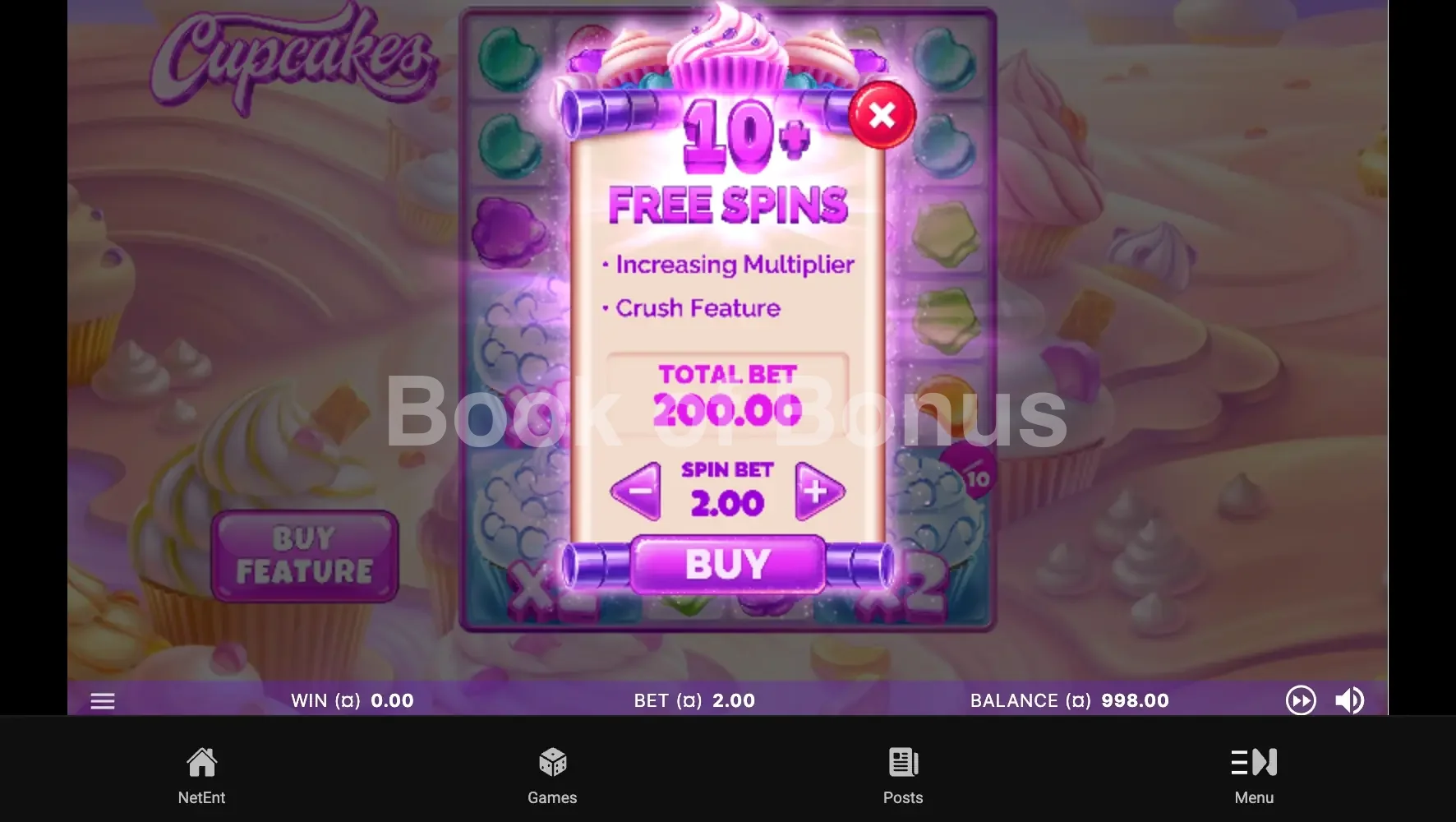 Cupcakes par NetEnt - menu d'achat de bonus et options
