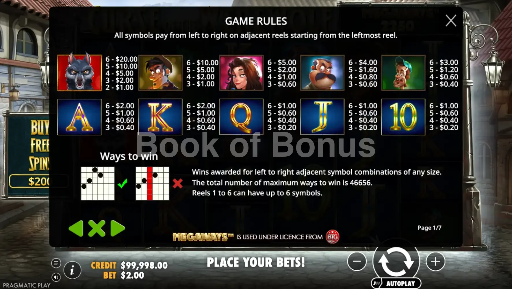 Curse of the Werewolf Megaways par Pragmatic Play - table des gains et valeurs des symboles