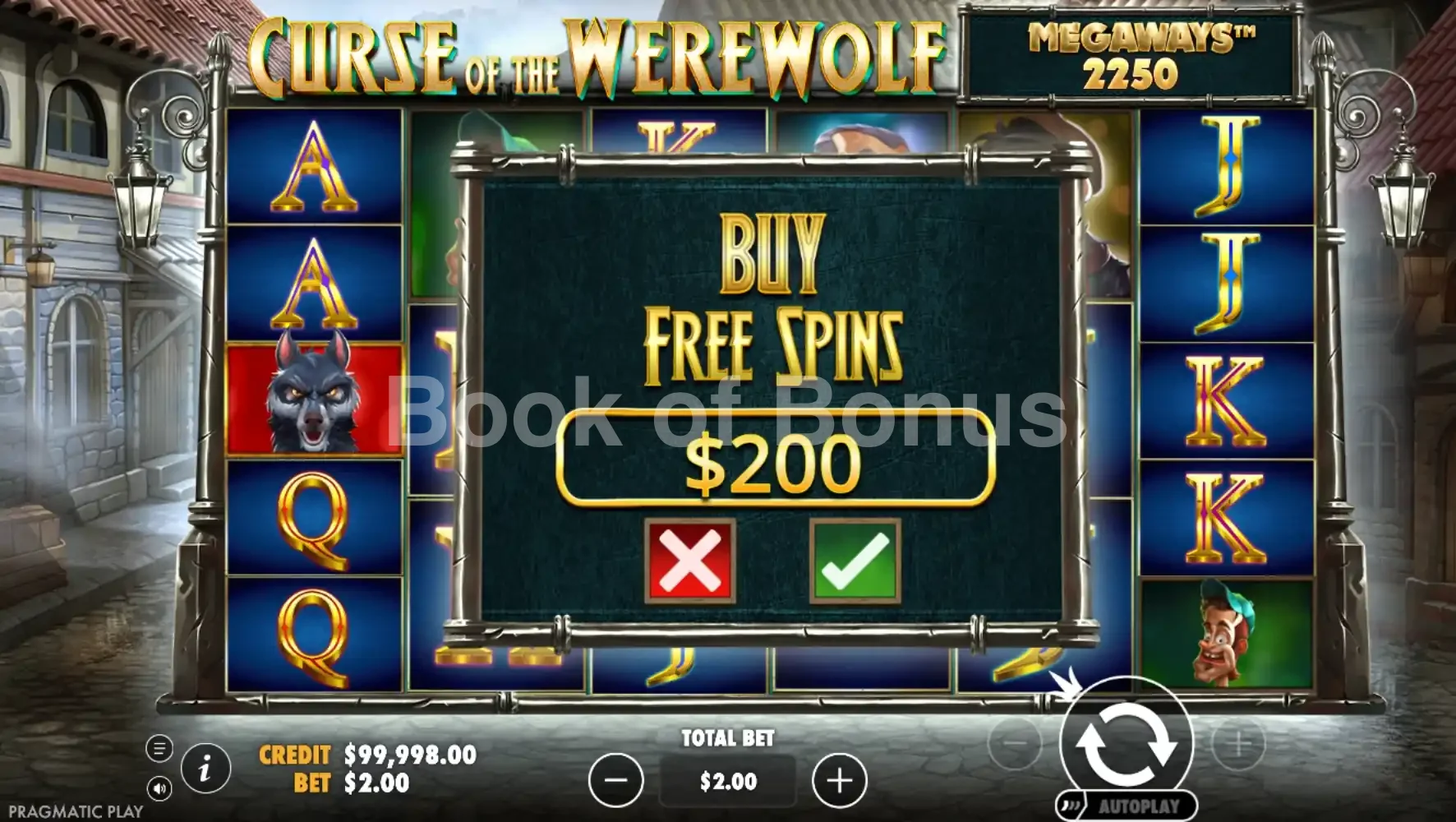 Curse of the Werewolf Megaways par Pragmatic Play - menu d'achat de bonus et options