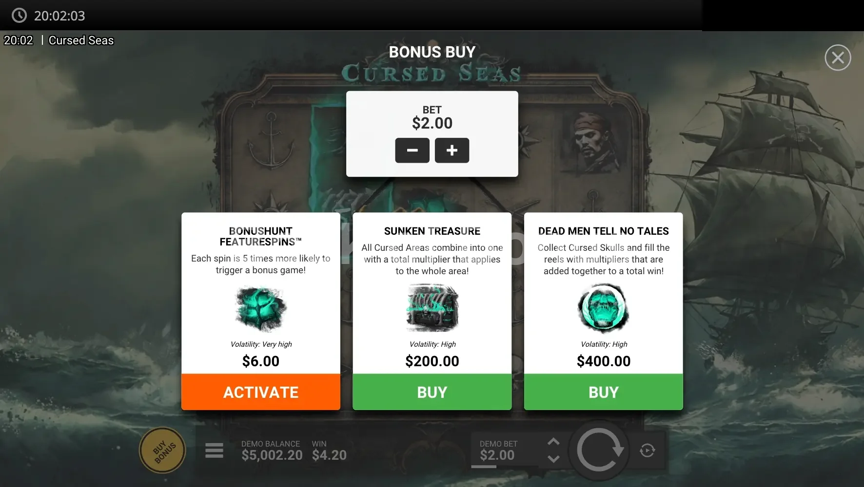 Cursed Seas par Hacksaw Gaming - menu d'achat de bonus et options