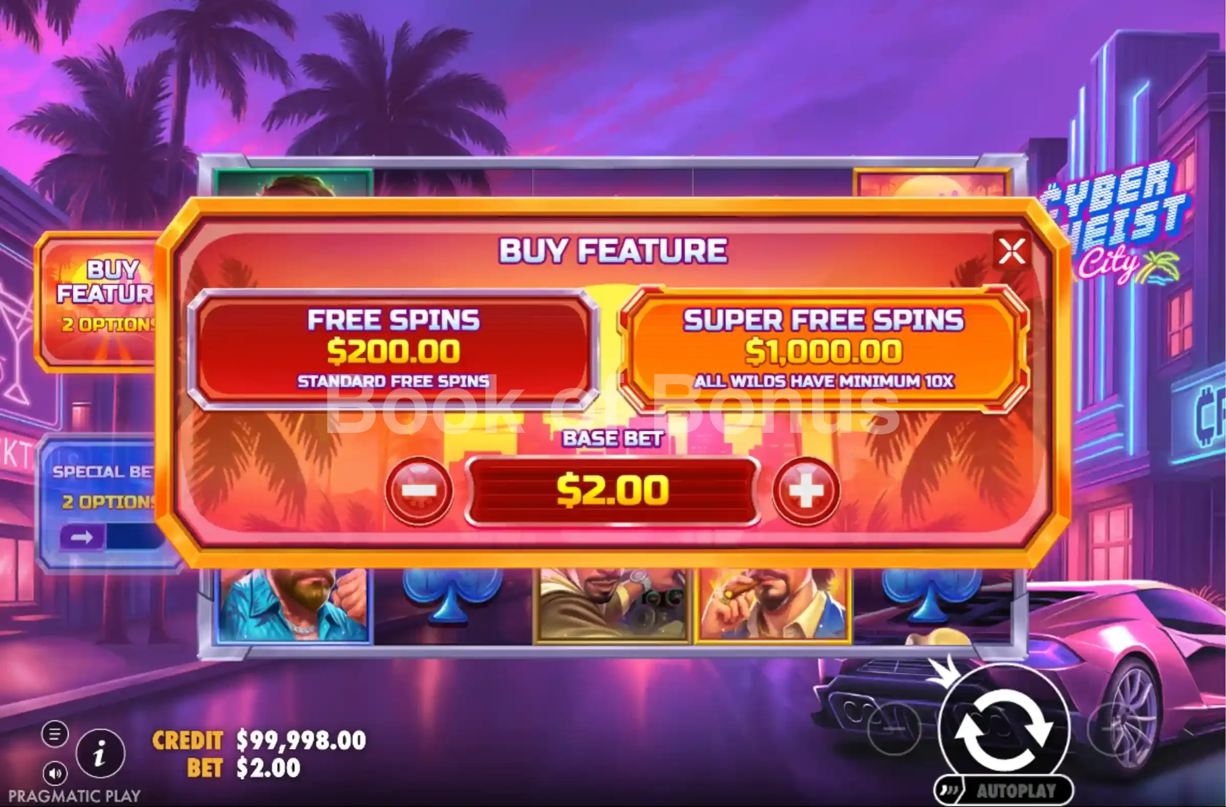 Cyberheist City par Pragmatic Play - menu d'achat de bonus et options