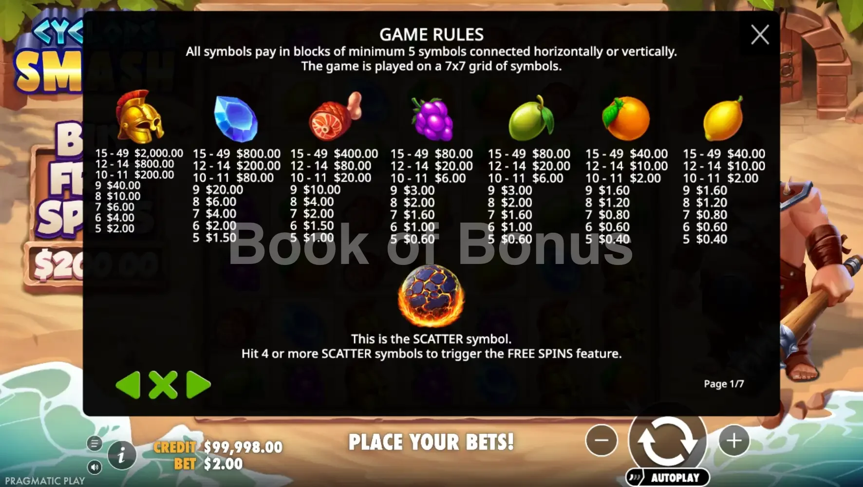 Cyclops Smash par Pragmatic Play - table des gains et valeurs des symboles