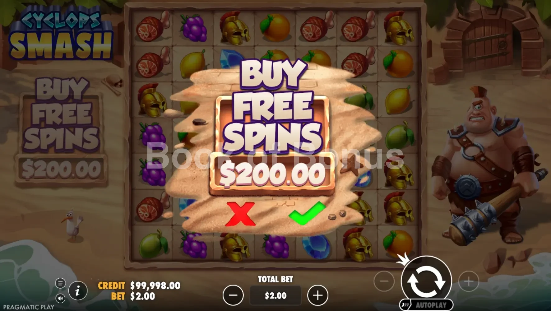 Cyclops Smash par Pragmatic Play - menu d'achat de bonus et options