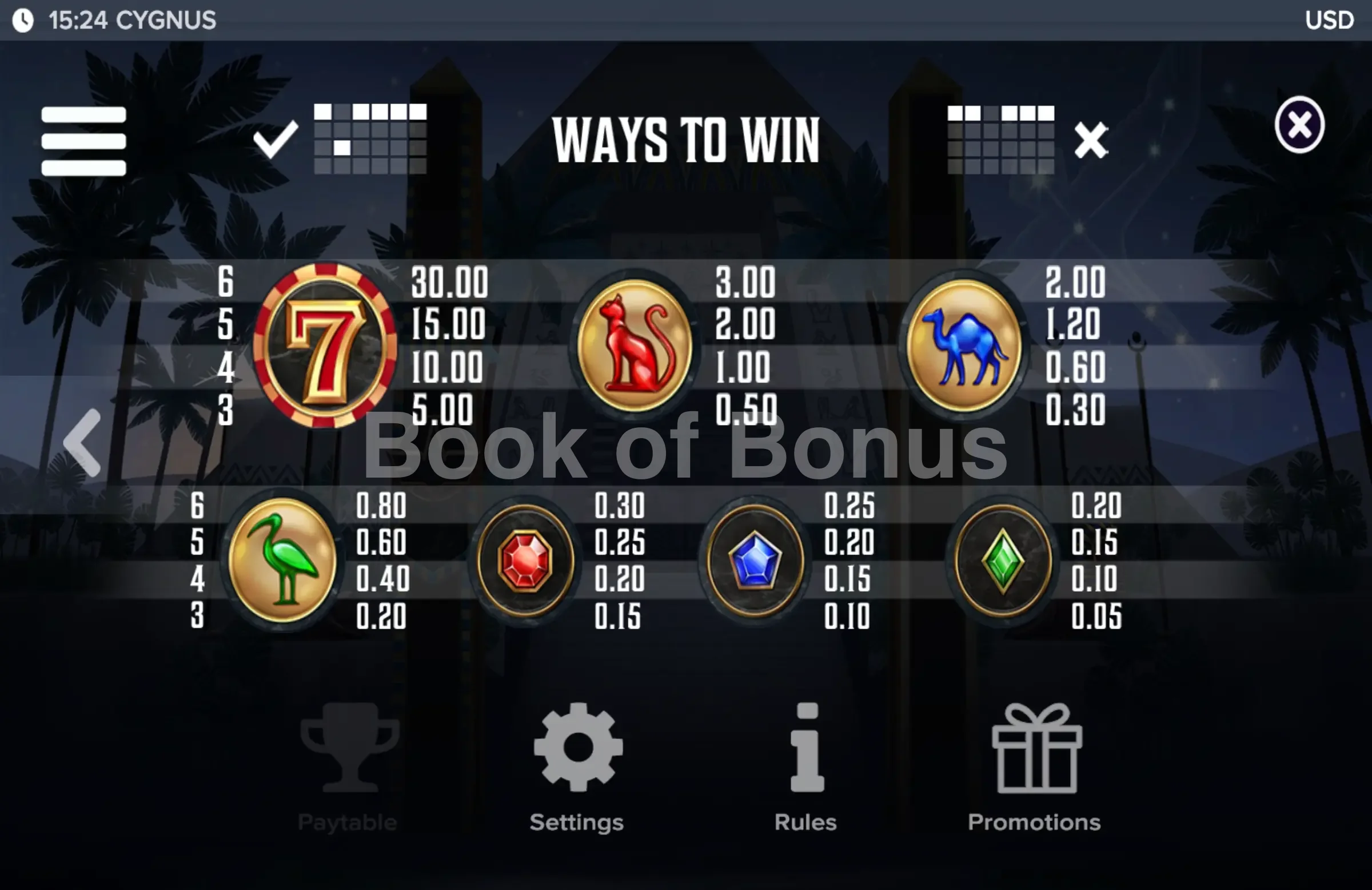 Cygnus par ELK Studios - table des gains et valeurs des symboles