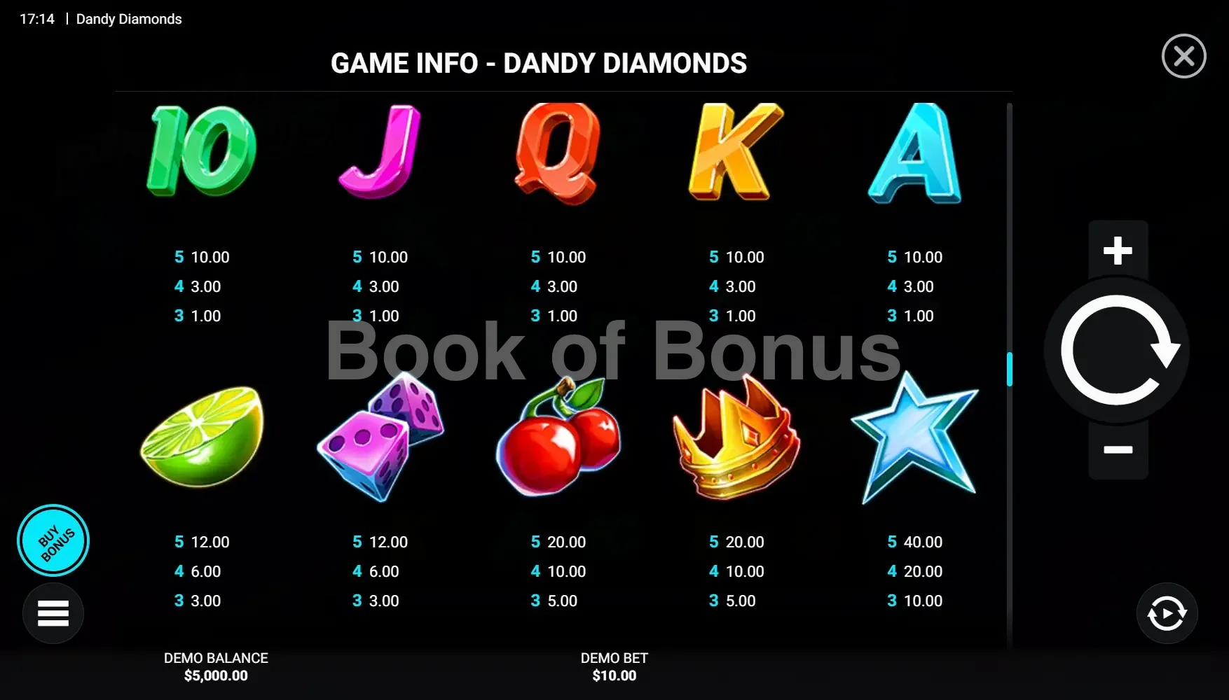 Dandy Diamonds par Hacksaw Gaming - table des gains et valeurs des symboles