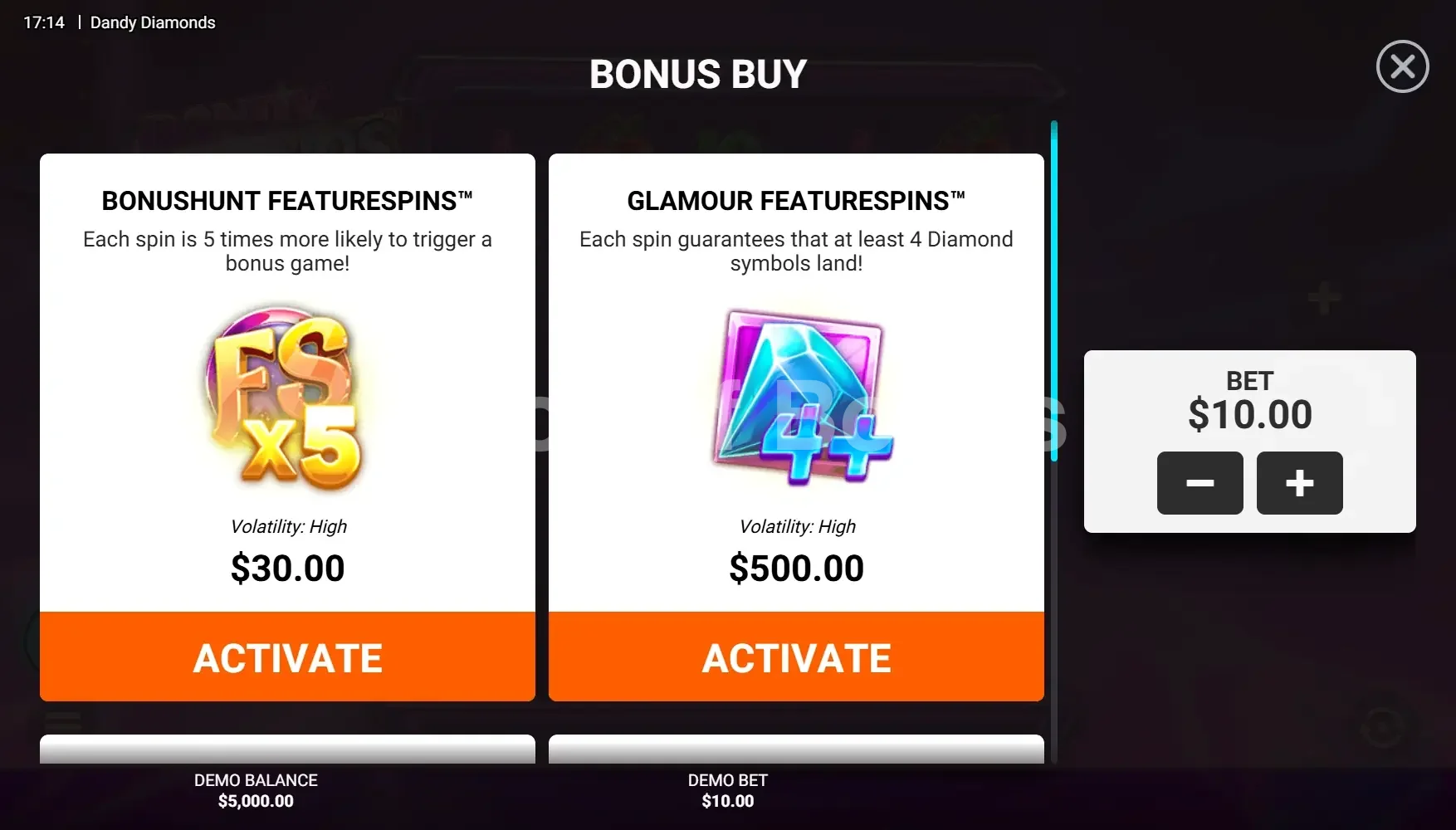 Dandy Diamonds par Hacksaw Gaming - menu d'achat de bonus et options