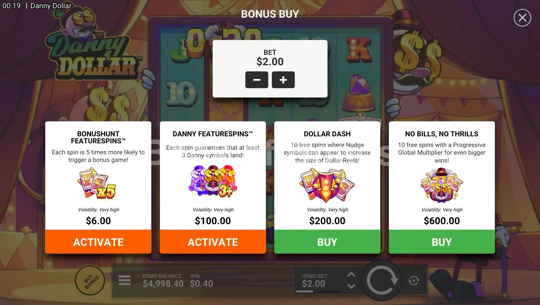 Danny Dollar par Hacksaw Gaming - menu d'achat de bonus et options