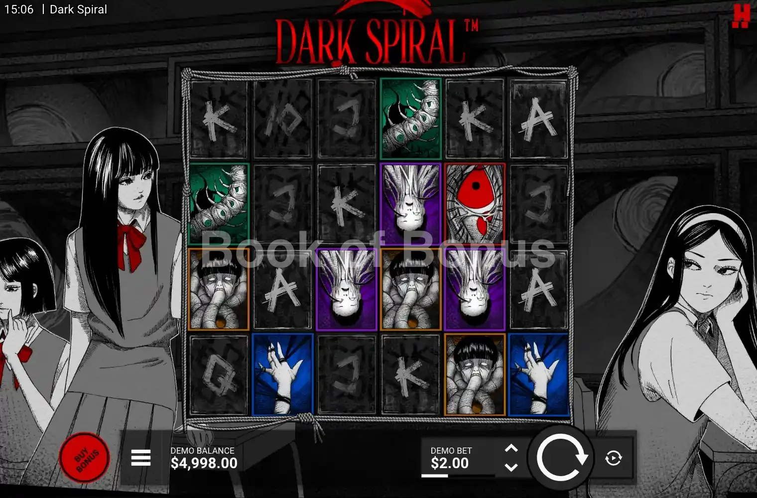 Dark Spiral par Hacksaw Gaming - jeu de base et disposition des rouleaux