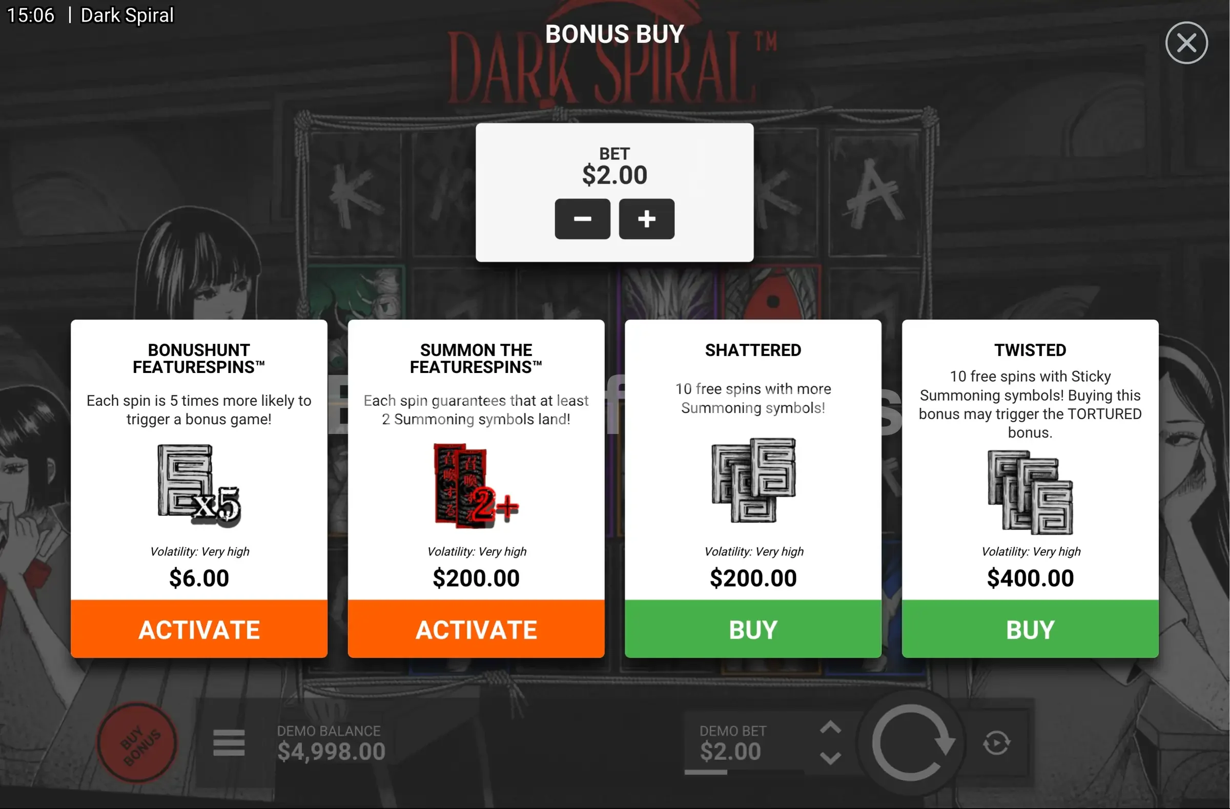 Dark Spiral par Hacksaw Gaming - menu d'achat de bonus et options