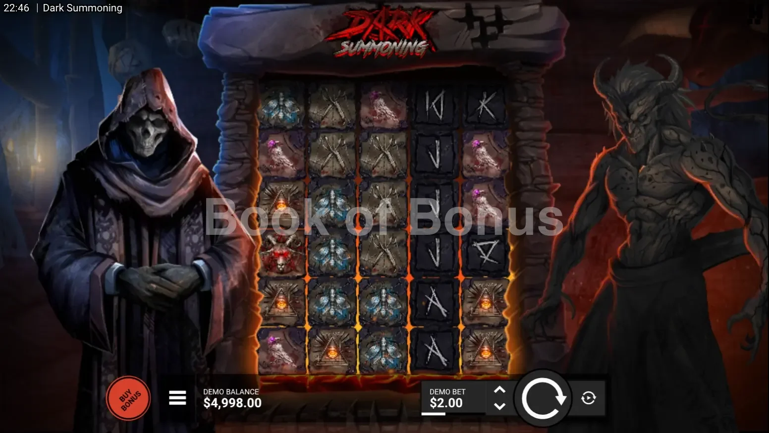 Dark Summoning par Hacksaw Gaming - jeu de base et disposition des rouleaux
