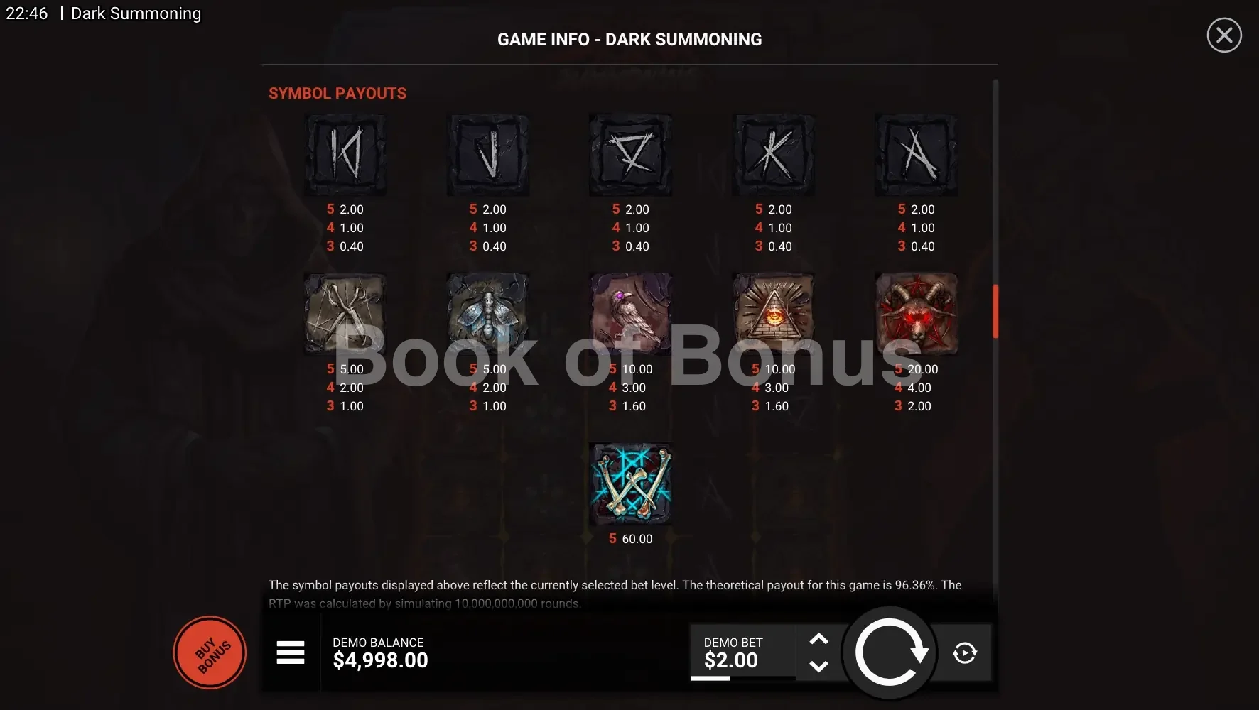 Dark Summoning par Hacksaw Gaming - table des gains et valeurs des symboles