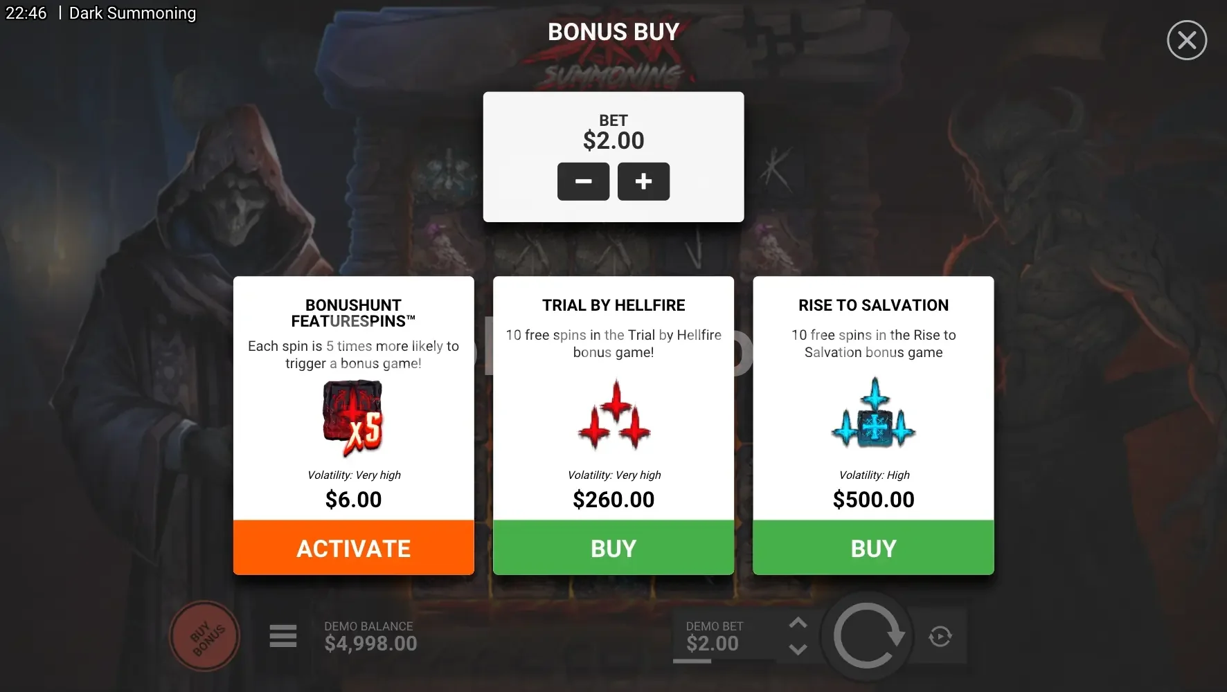 Dark Summoning par Hacksaw Gaming - menu d'achat de bonus et options
