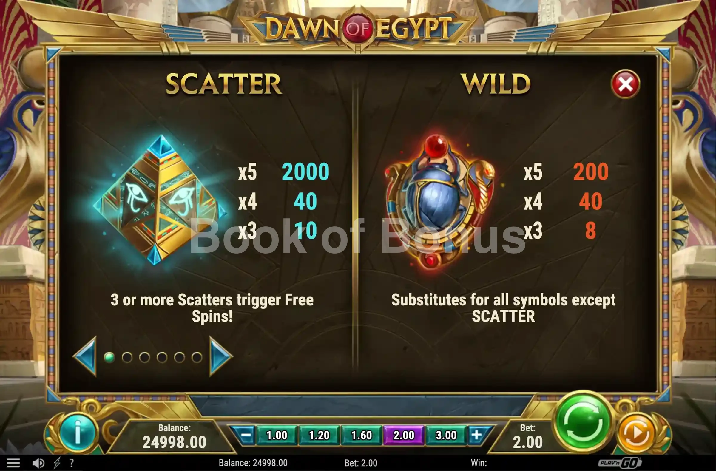Dawn of Egypt par Play'n GO - table des gains et valeurs des symboles
