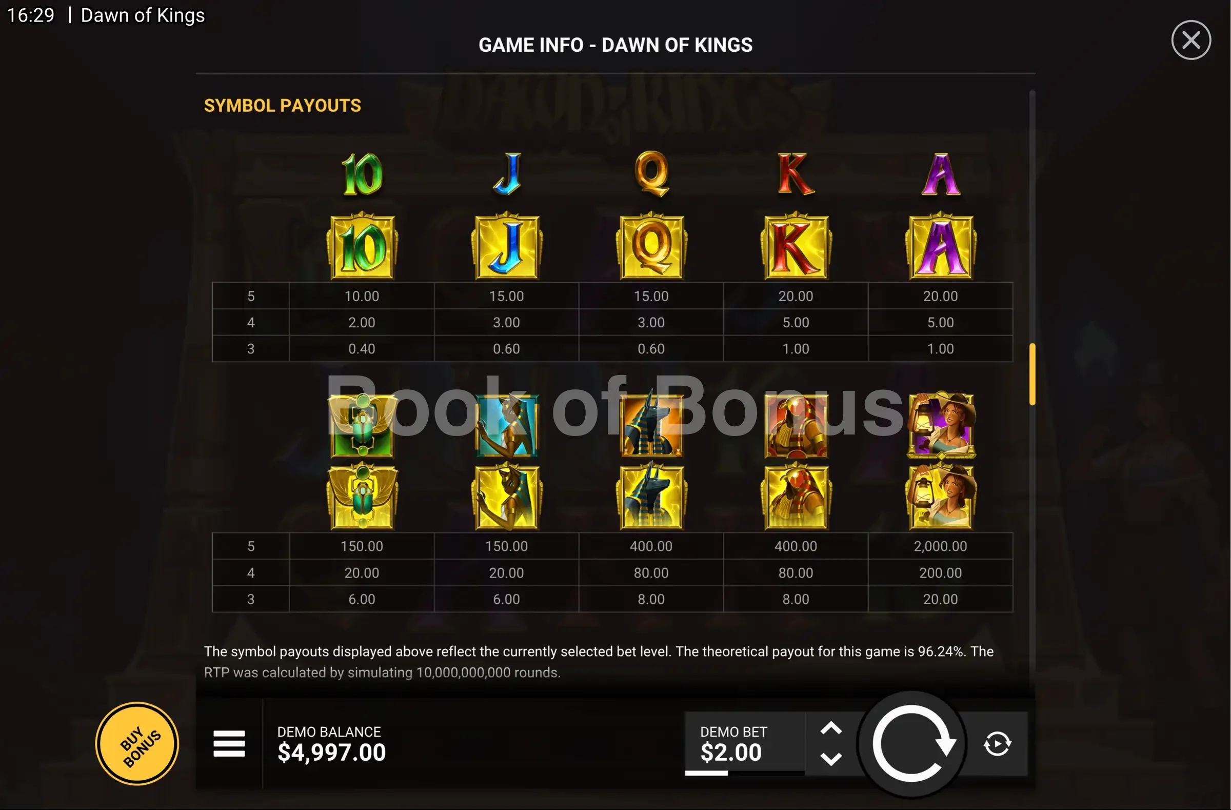 Dawn of Kings par Hacksaw Gaming - table des gains et valeurs des symboles