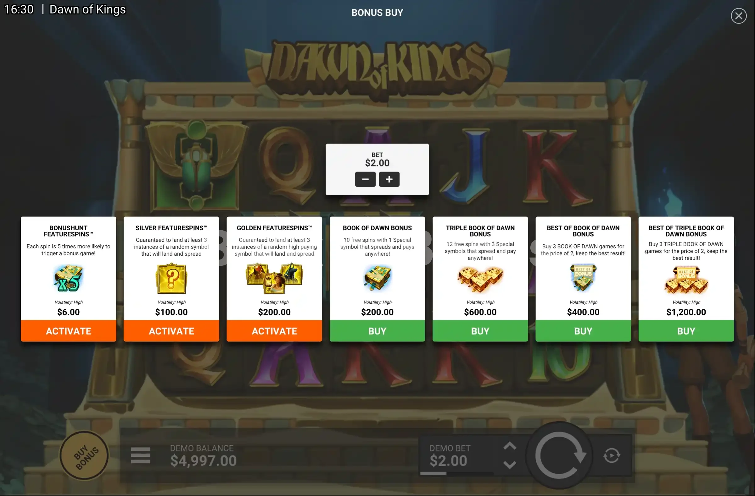 Dawn of Kings par Hacksaw Gaming - menu d'achat de bonus et options