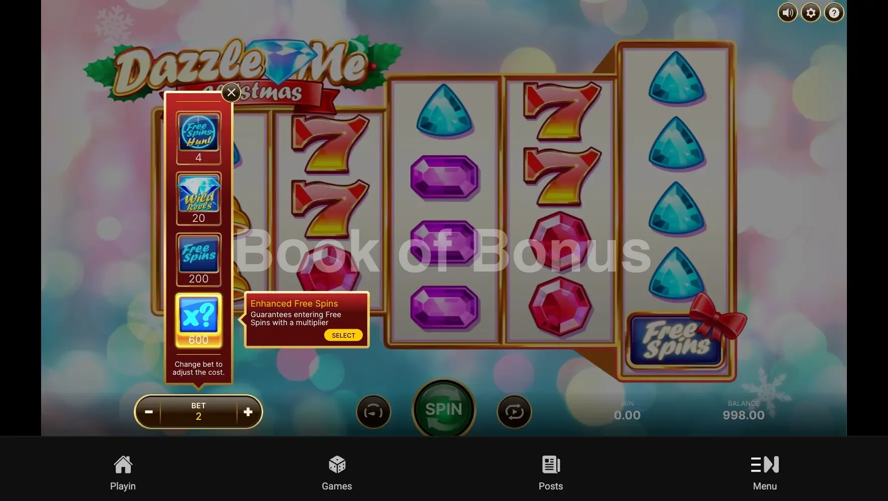 Dazzle Me Christmas par NetEnt - menu d'achat de bonus et options