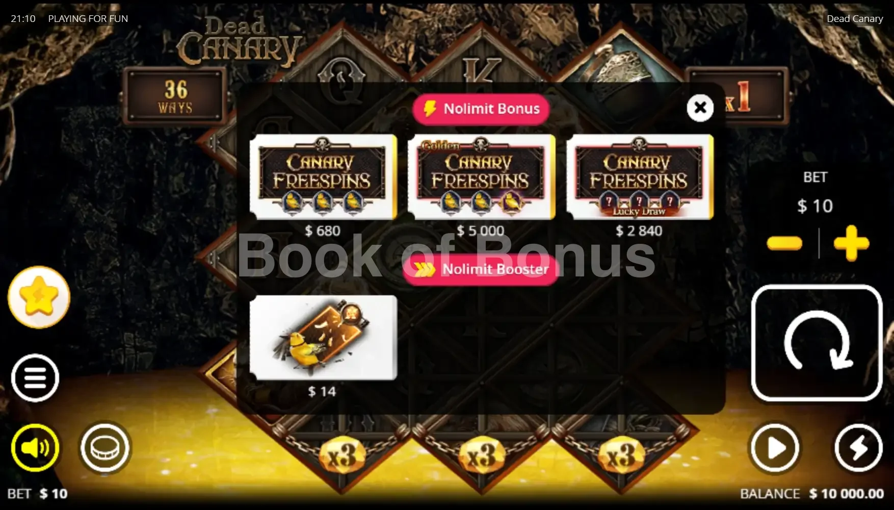 Dead Canary par Nolimit City - menu d'achat de bonus et options