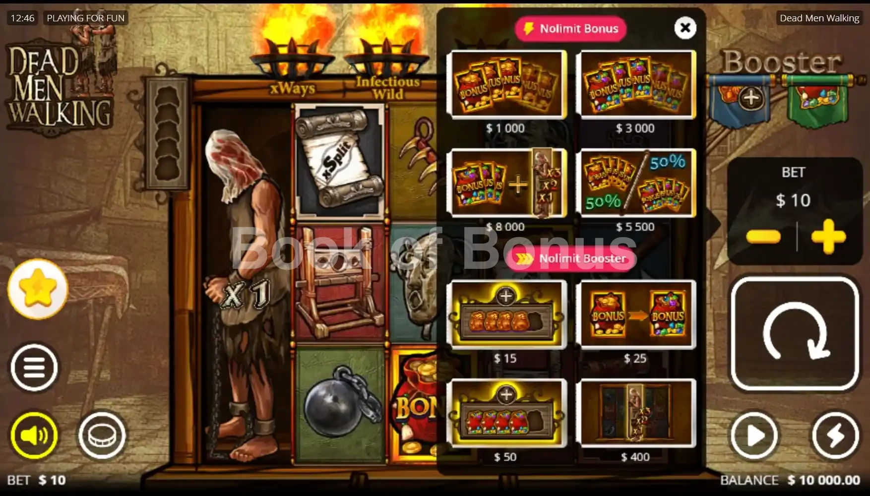 Dead Men Walking par Nolimit City - menu d'achat de bonus et options