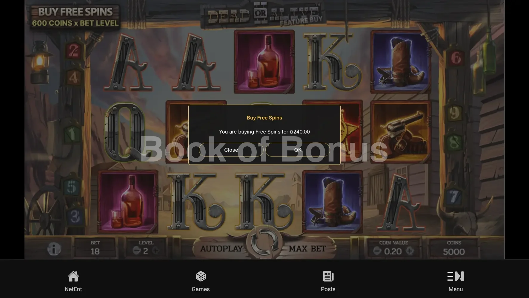 Dead or Alive 2 par NetEnt - menu d'achat de bonus et options
