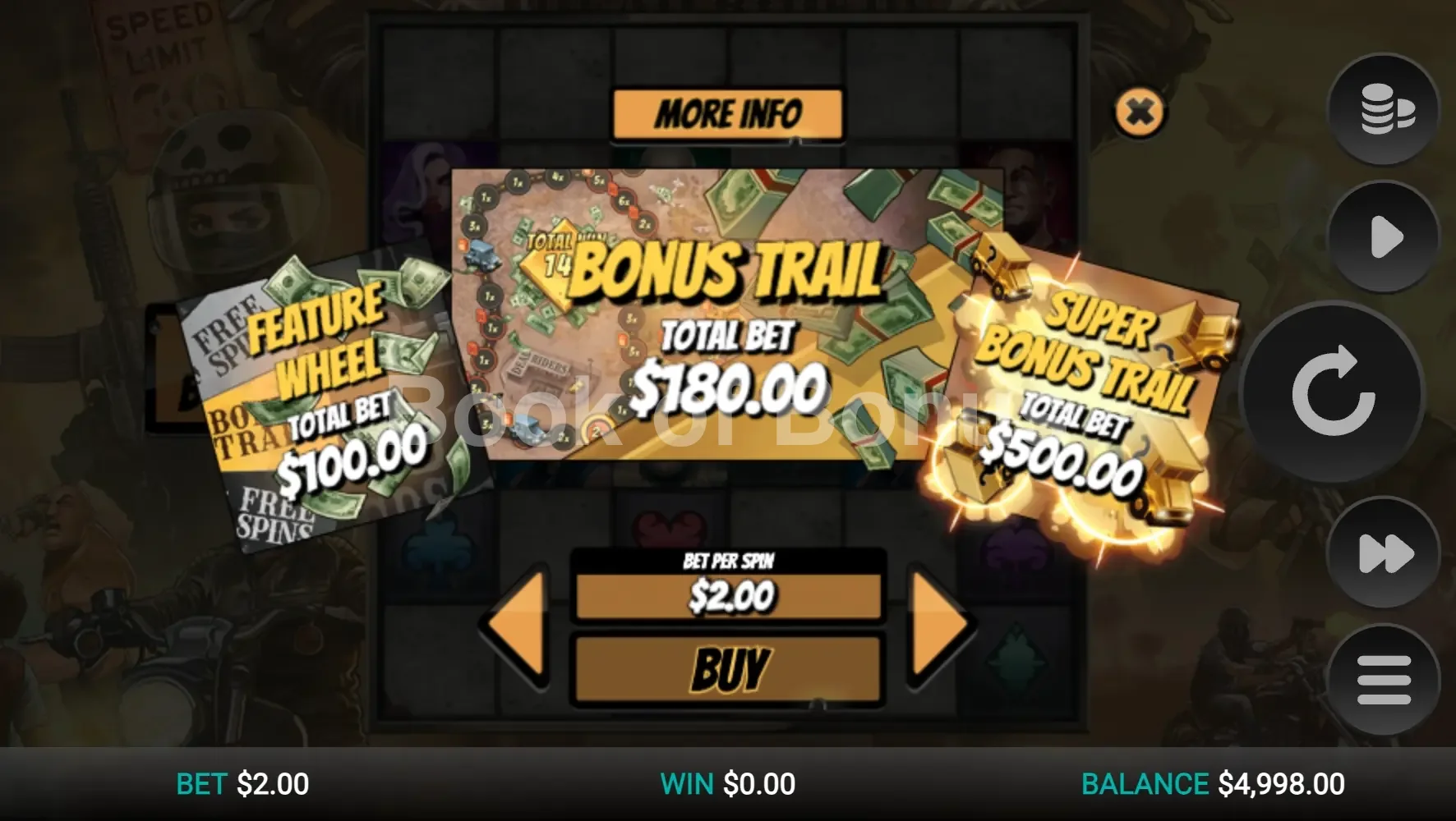 Dead Riders Trail par Relax Gaming - menu d'achat de bonus et options