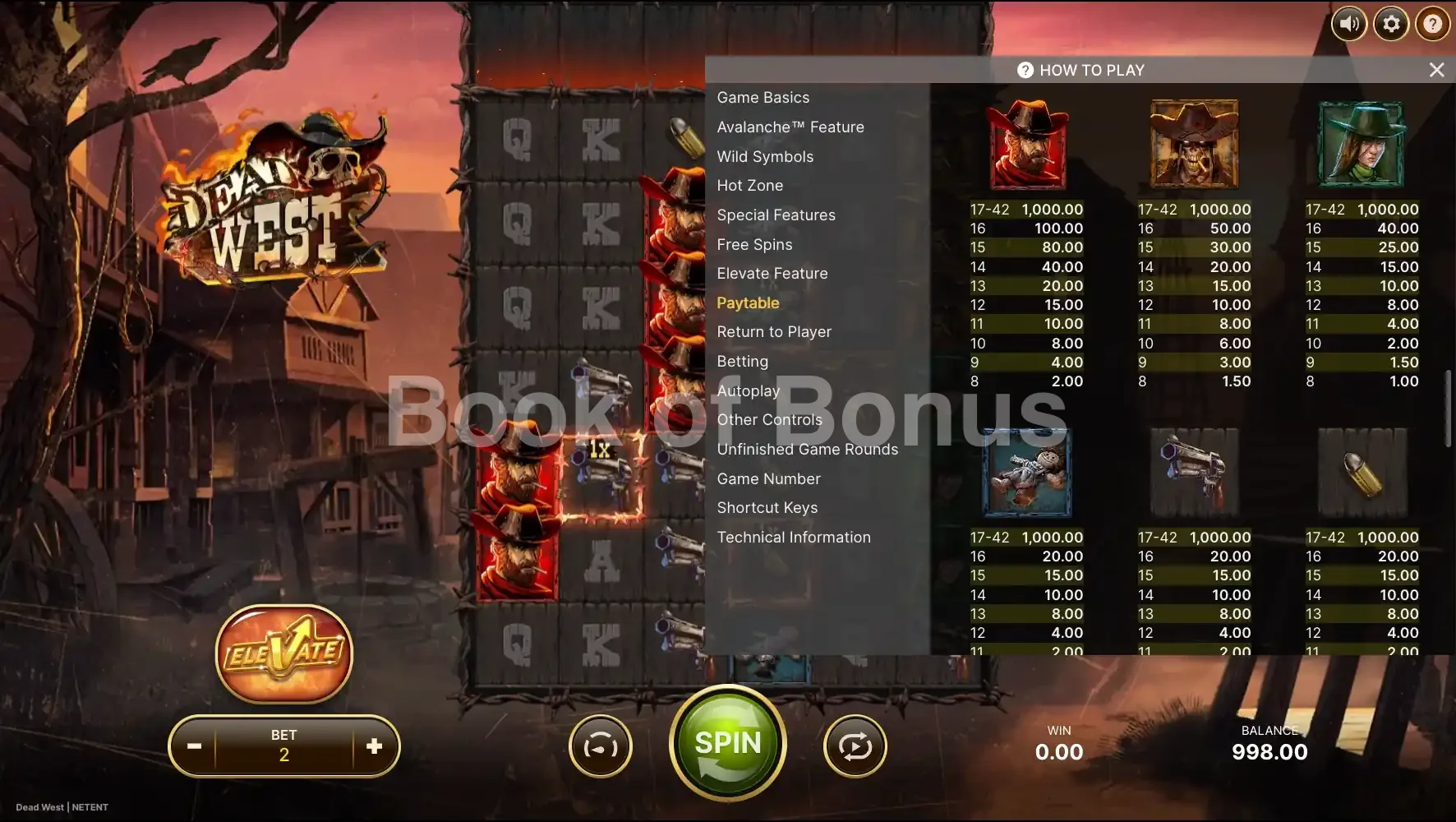 Dead West par NetEnt - table des gains et valeurs des symboles