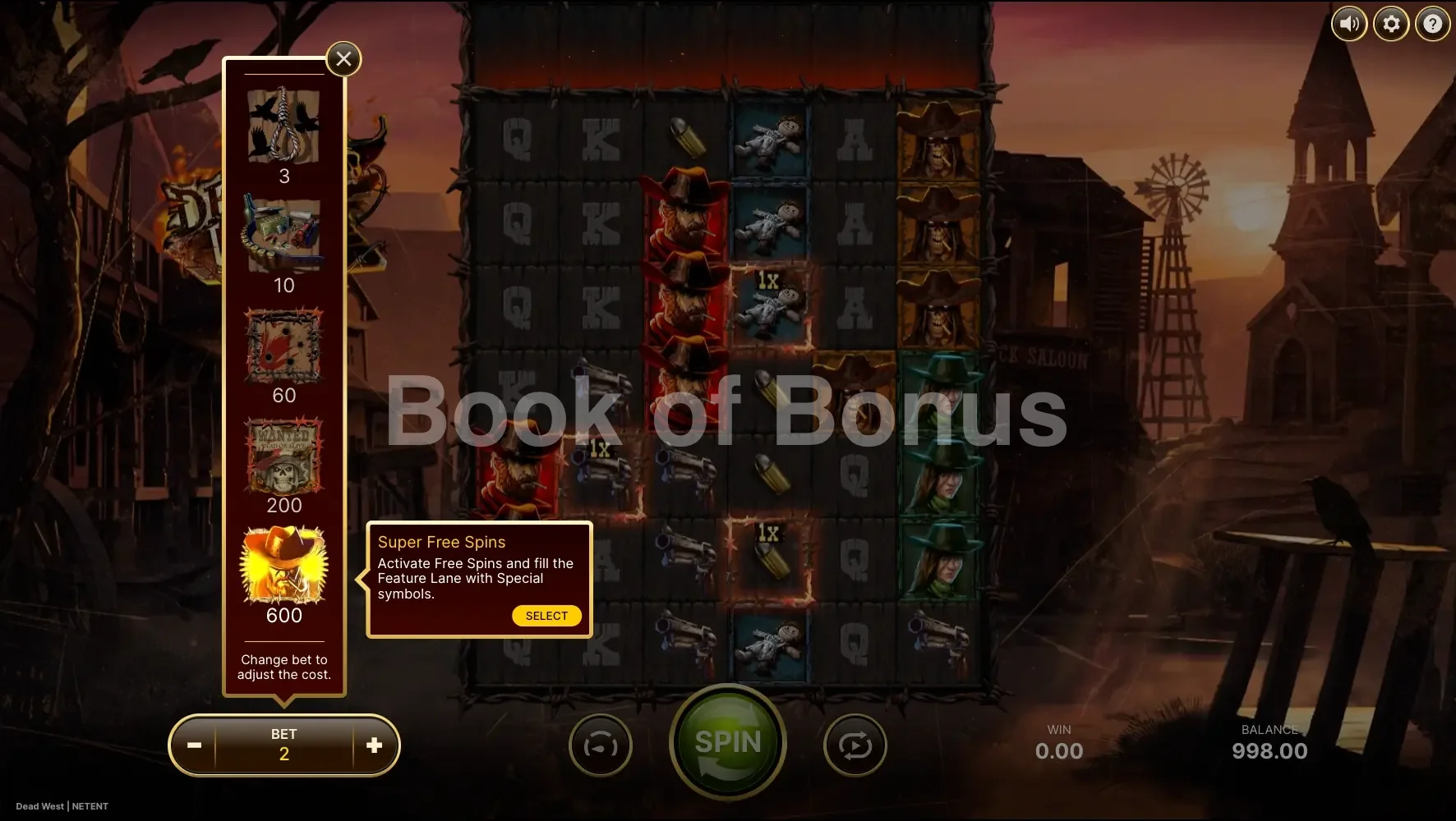 Dead West par NetEnt - menu d'achat de bonus et options