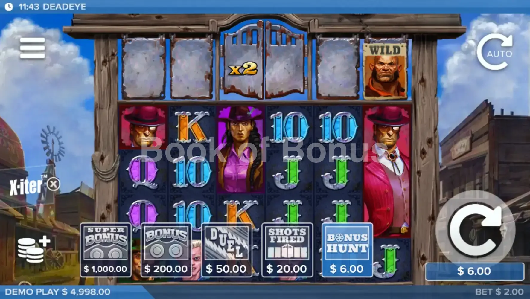 Deadeye par ELK Studios - menu d'achat de bonus et options