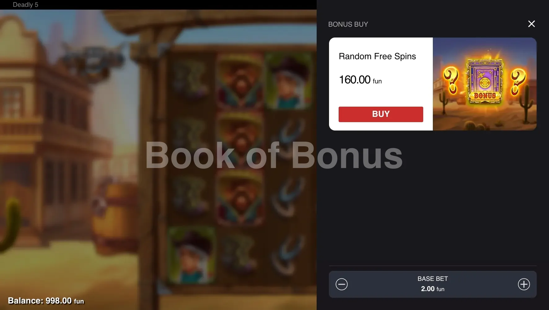 Deadly 5 par Push Gaming - menu d'achat de bonus et options