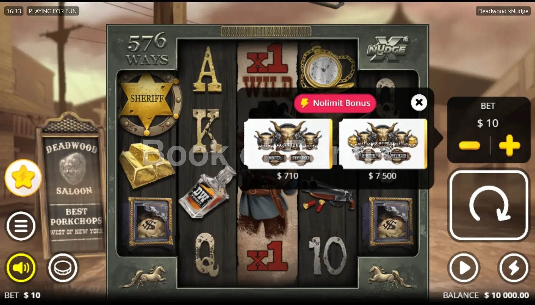 Deadwood par Nolimit City - menu d'achat de bonus et options