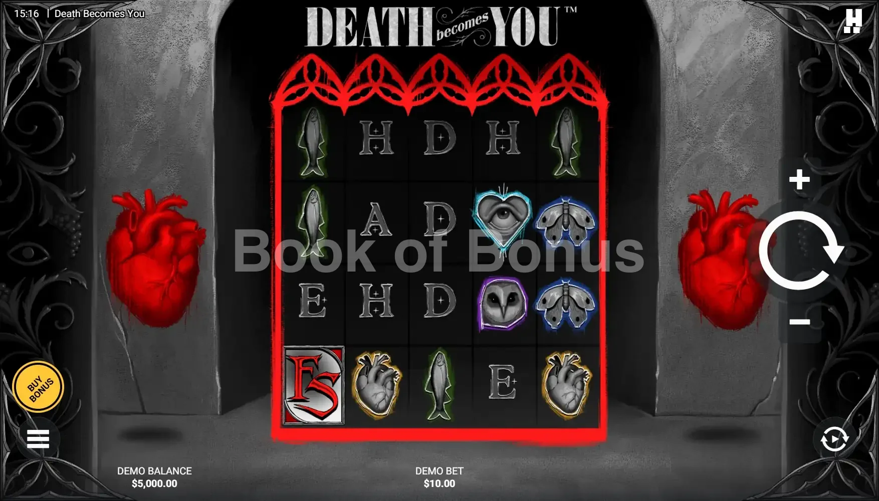 Death Becomes You par Hacksaw Gaming - jeu de base et disposition des rouleaux