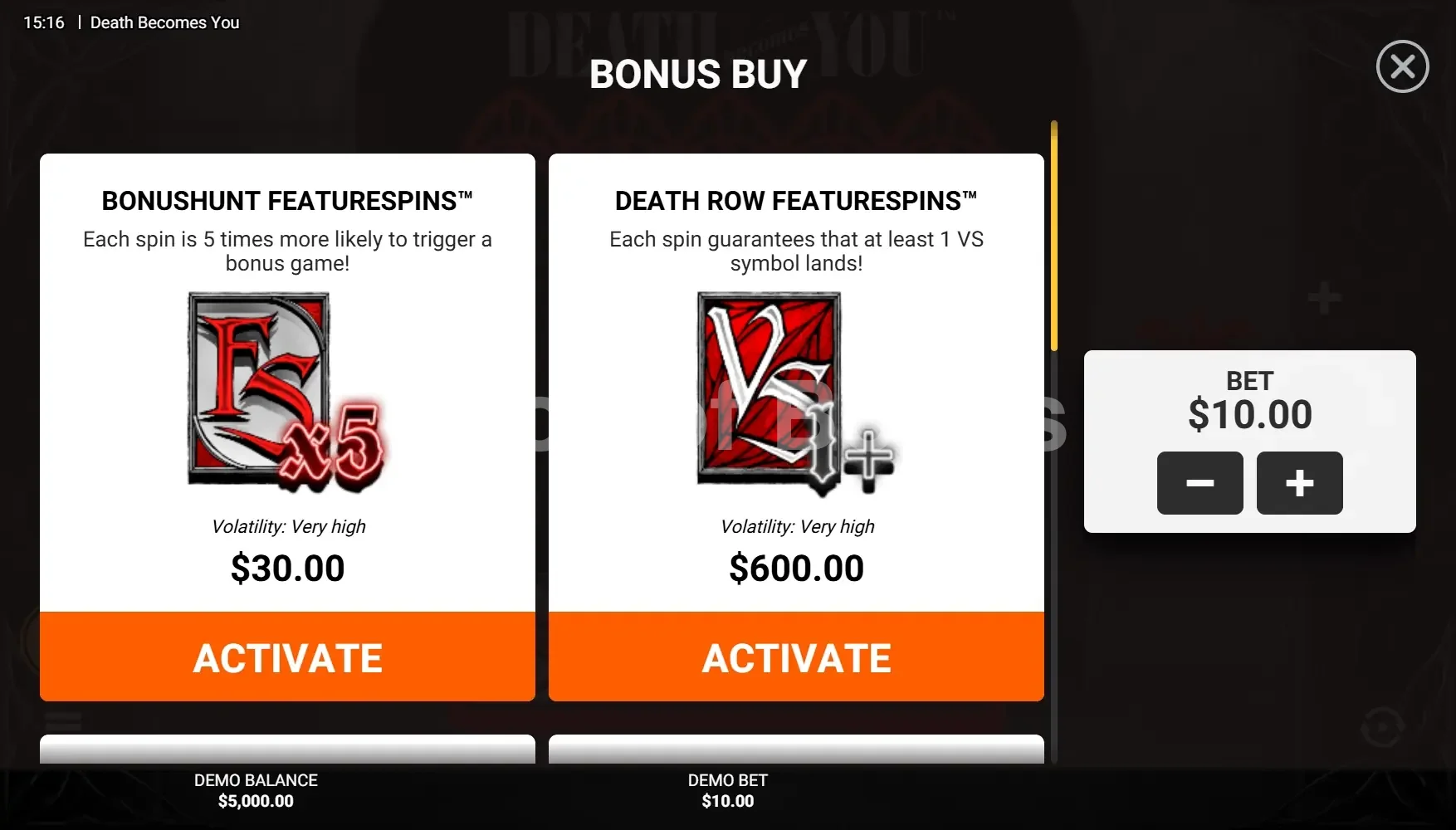 Death Becomes You par Hacksaw Gaming - menu d'achat de bonus et options