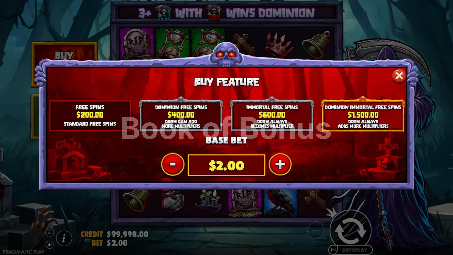 Death Dominion par Pragmatic Play - menu d'achat de bonus et options