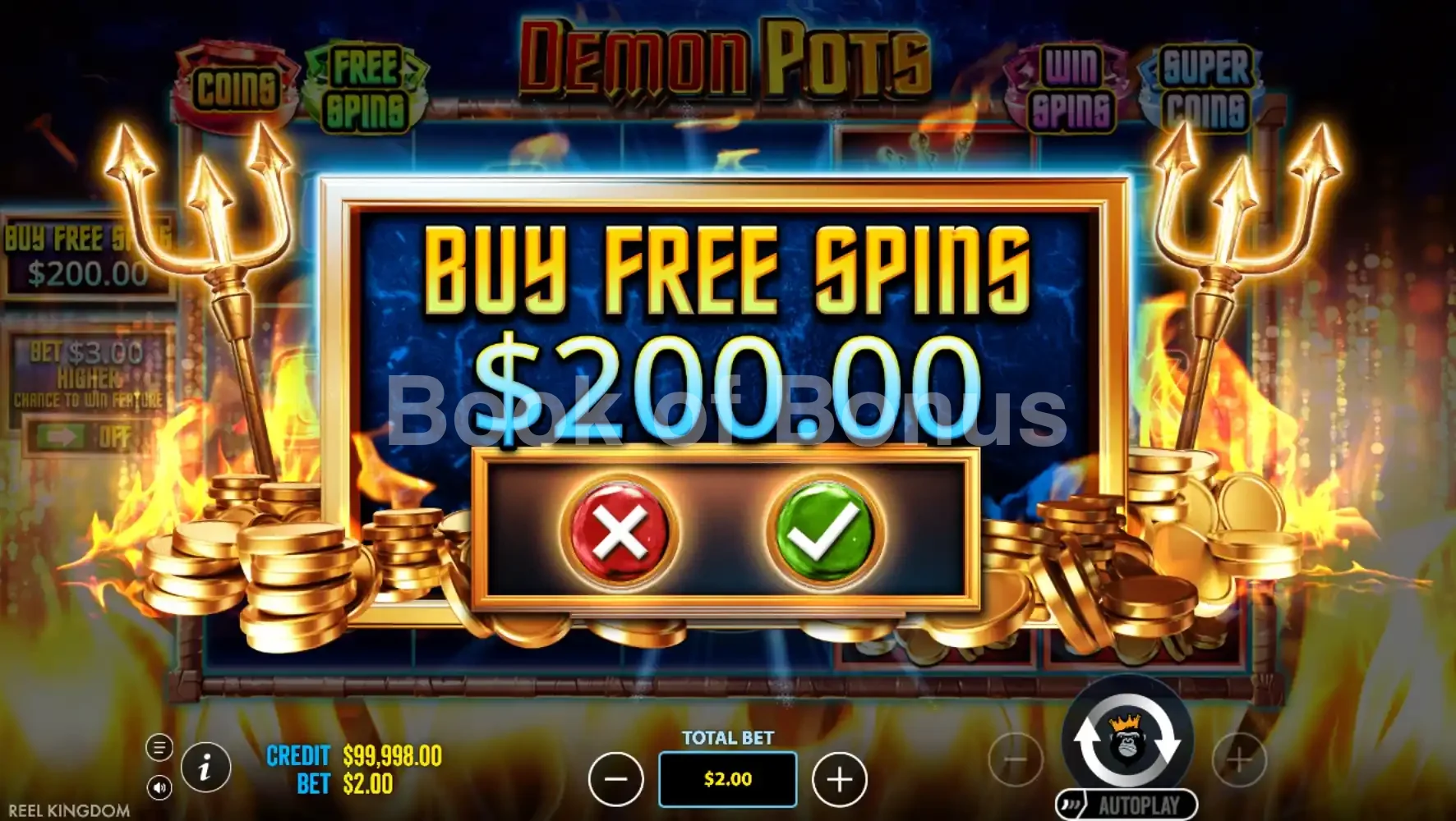 Demon Pots par Reel Kingdom - menu d'achat de bonus et options
