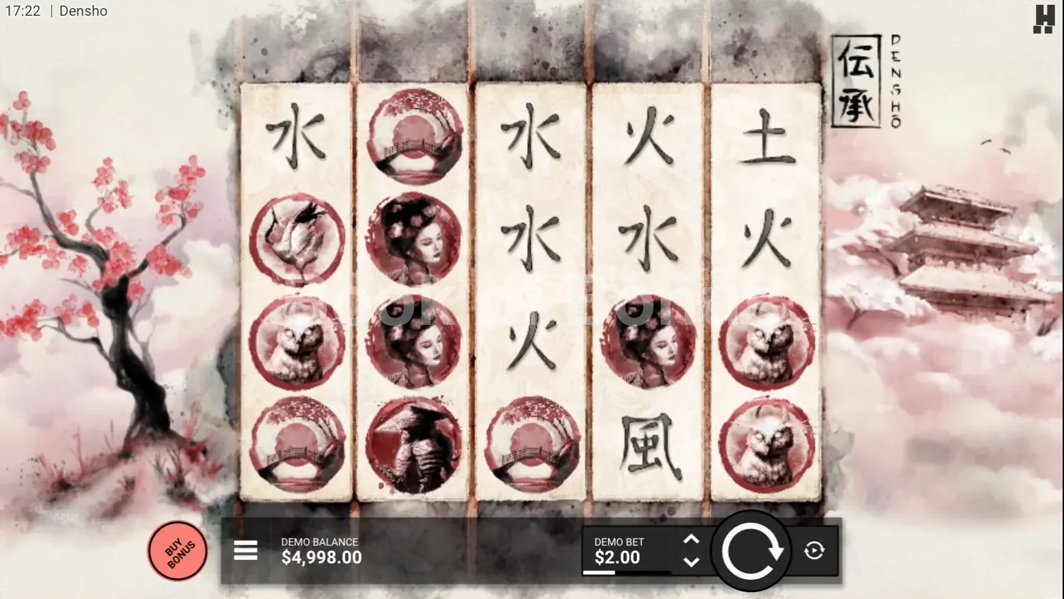 Densho par Hacksaw Gaming - jeu de base et disposition des rouleaux