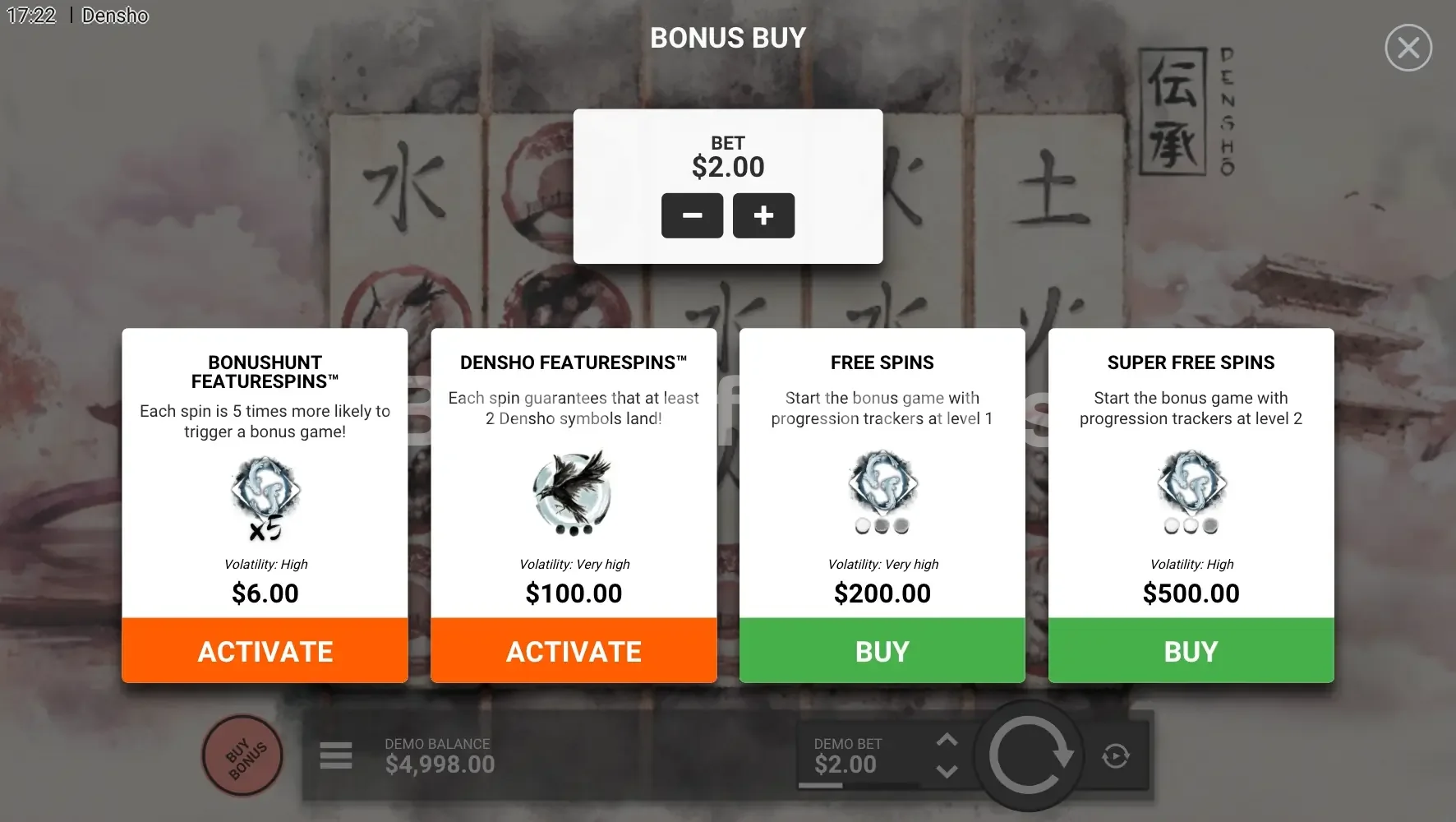 Densho par Hacksaw Gaming - menu d'achat de bonus et options
