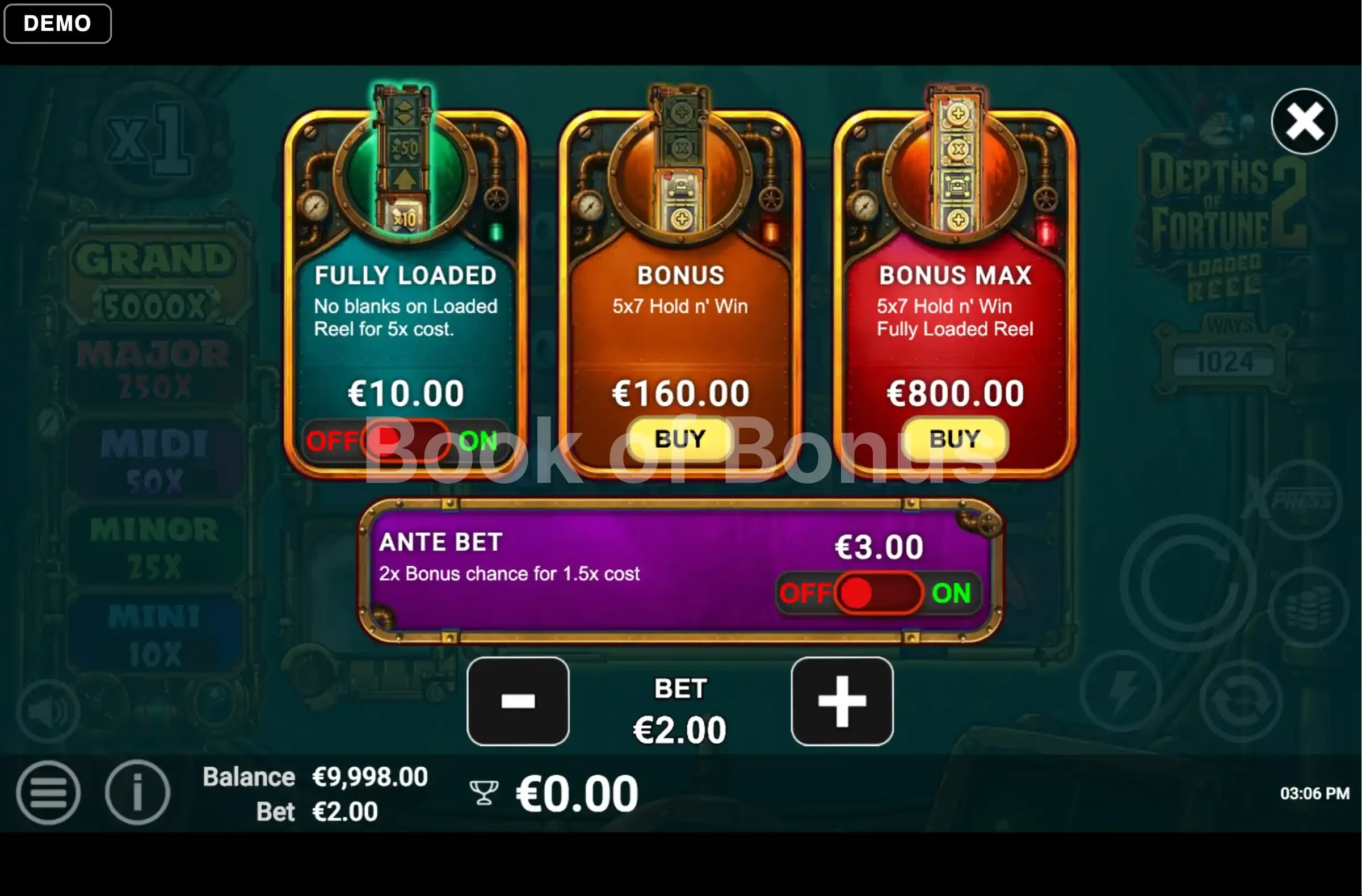 Depths of Fortune 2 par Avatar UX - menu d'achat de bonus et options