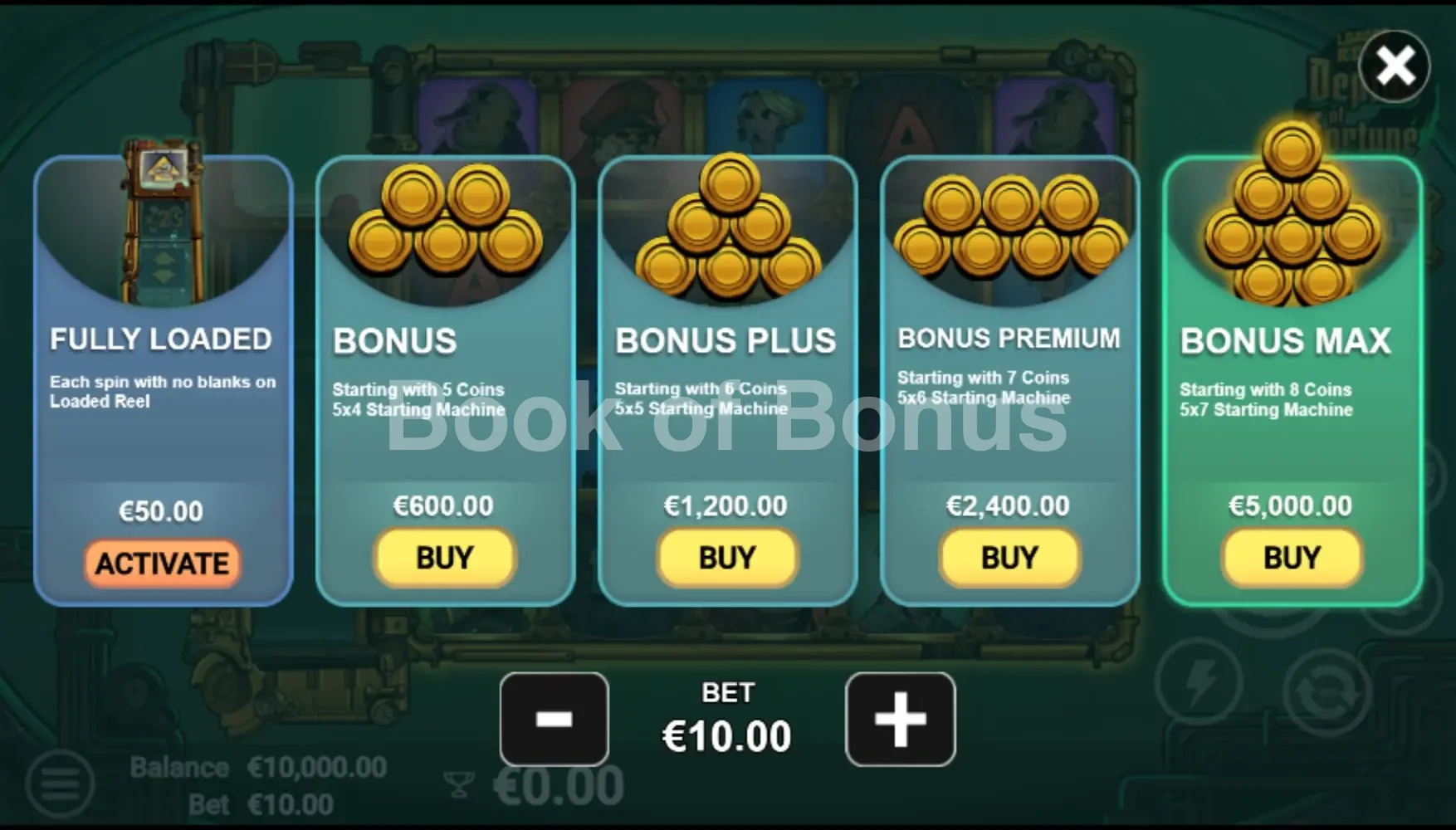 Depths of Fortune par Avatar UX - menu d'achat de bonus et options