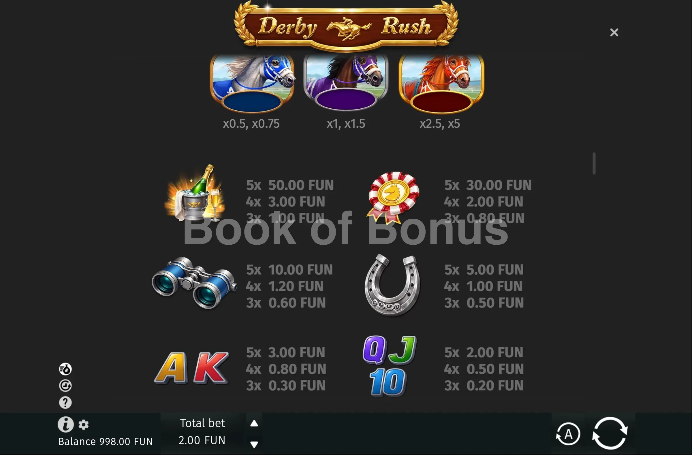 Derby Rush par BGaming - table des gains et valeurs des symboles