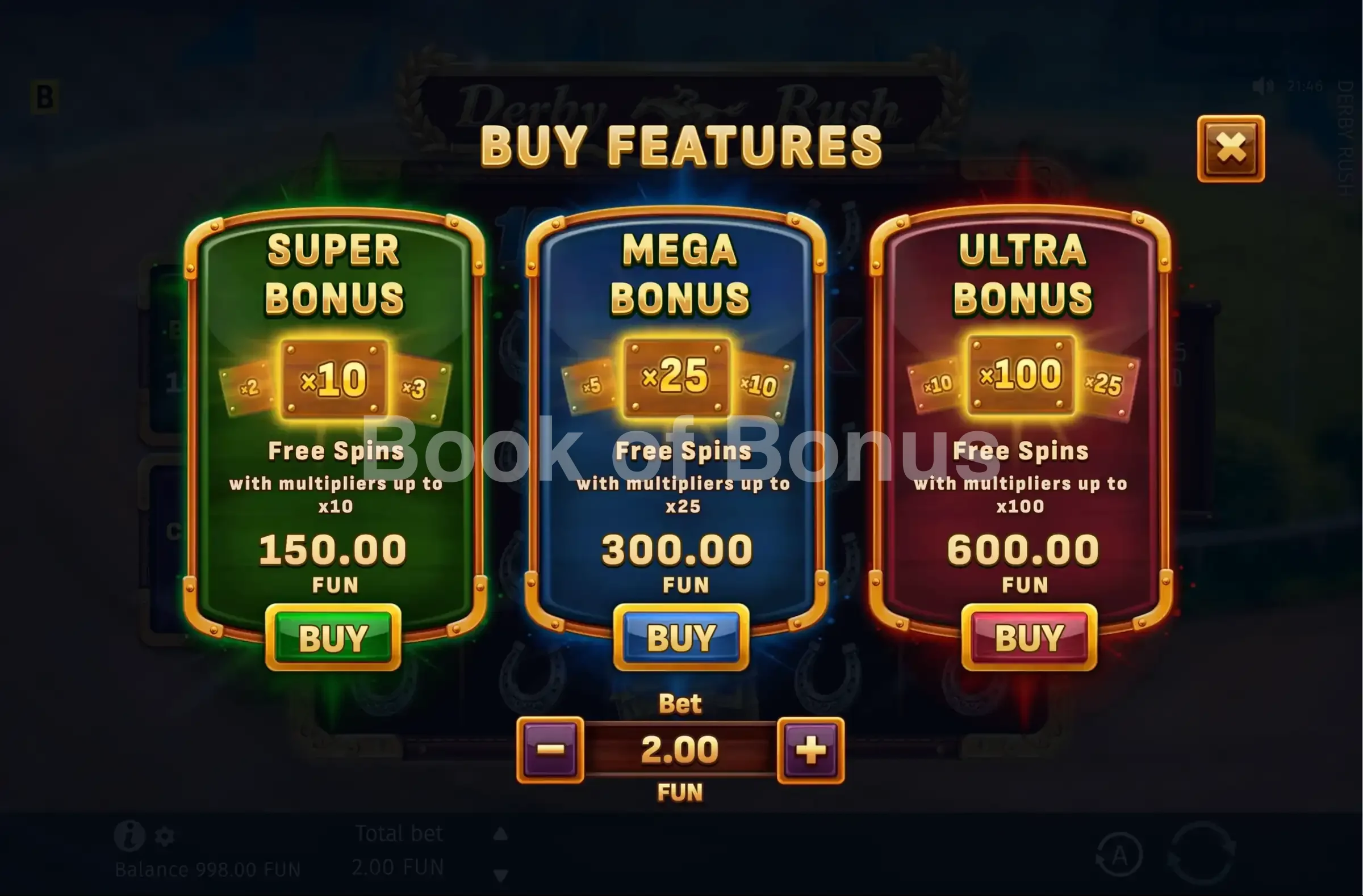 Derby Rush par BGaming - menu d'achat de bonus et options