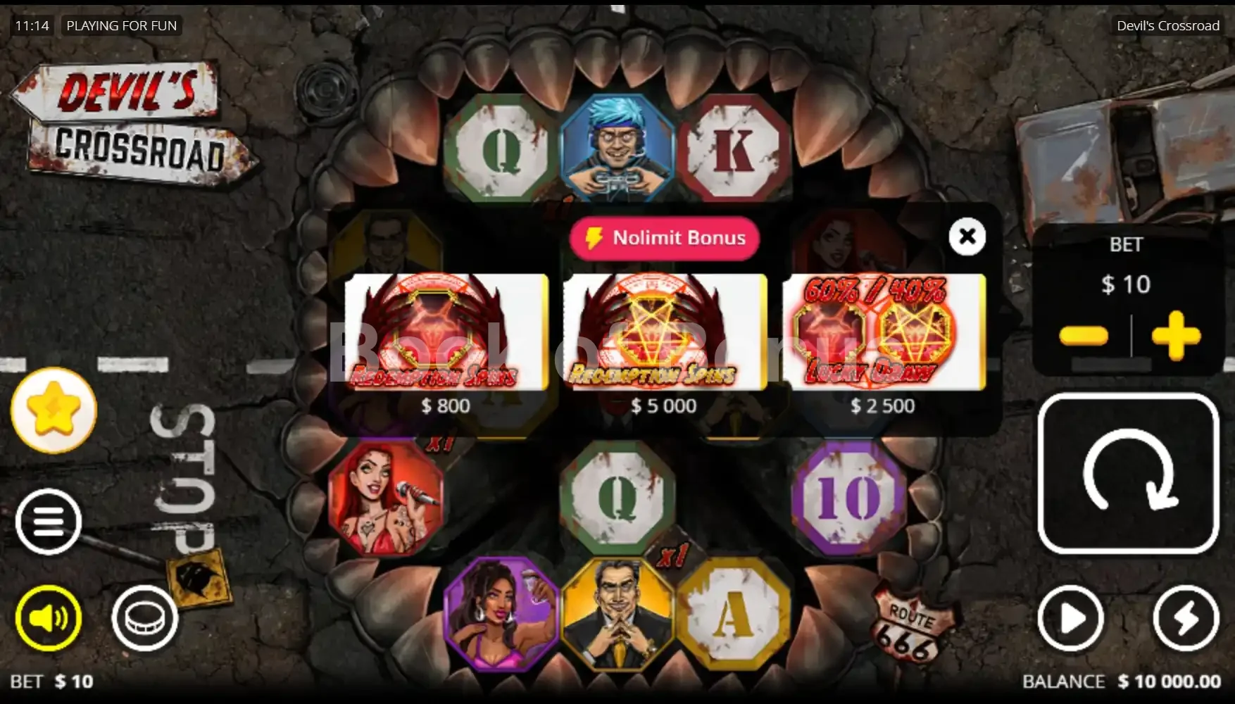 Devil's Crossroad par Nolimit City - menu d'achat de bonus et options