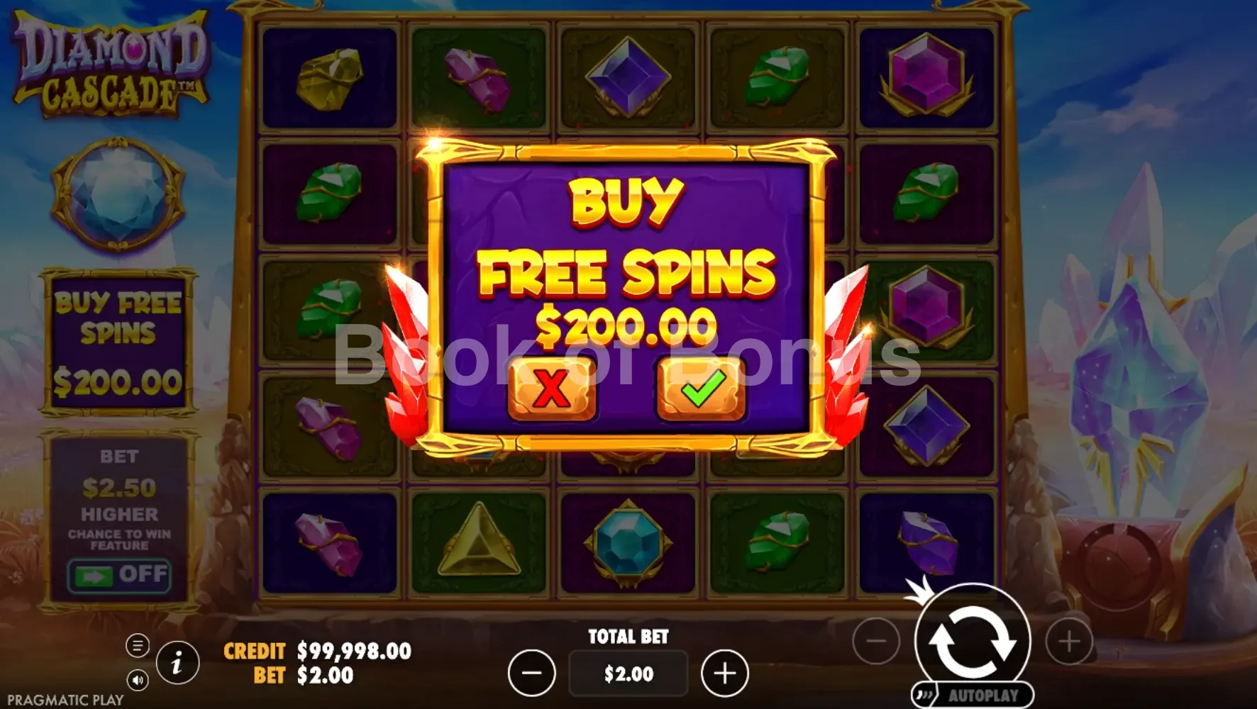 Diamond Cascade par Pragmatic Play - menu d'achat de bonus et options