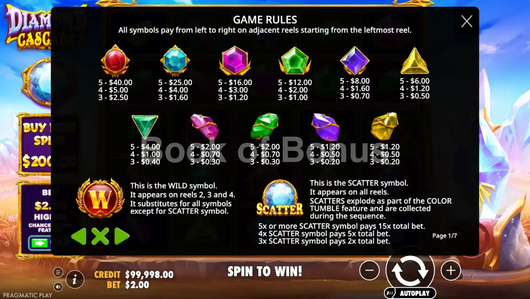 Diamond Cascade par Pragmatic Play - table des gains et valeurs des symboles