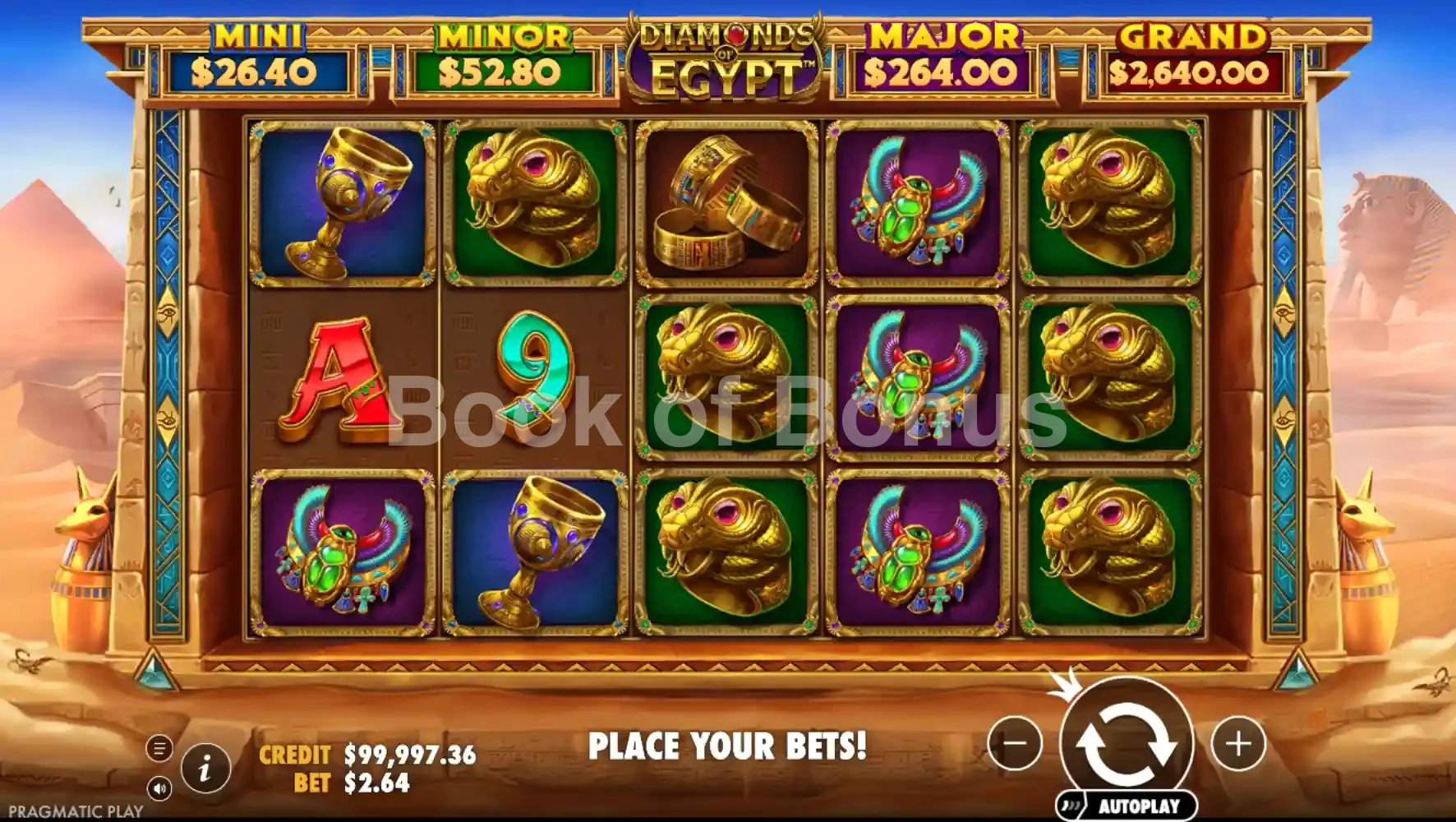 Diamonds of Egypt par Pragmatic Play - jeu de base et disposition des rouleaux