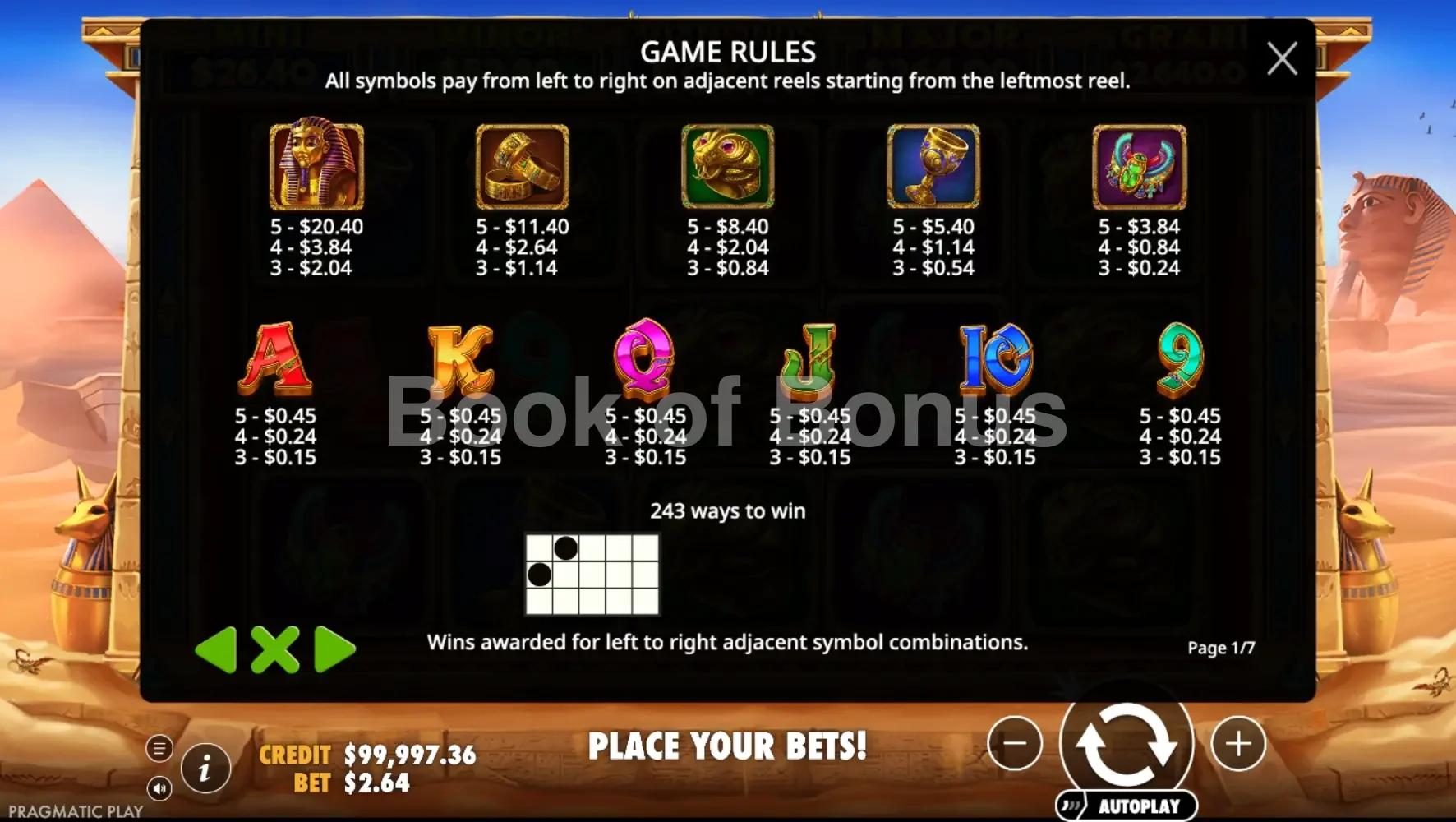 Diamonds of Egypt par Pragmatic Play - table des gains et valeurs des symboles