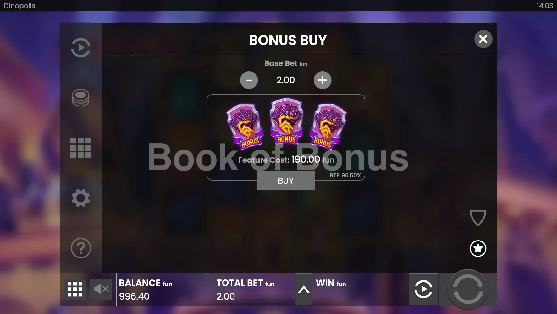 Dinopolis par Push Gaming - menu d'achat de bonus et options