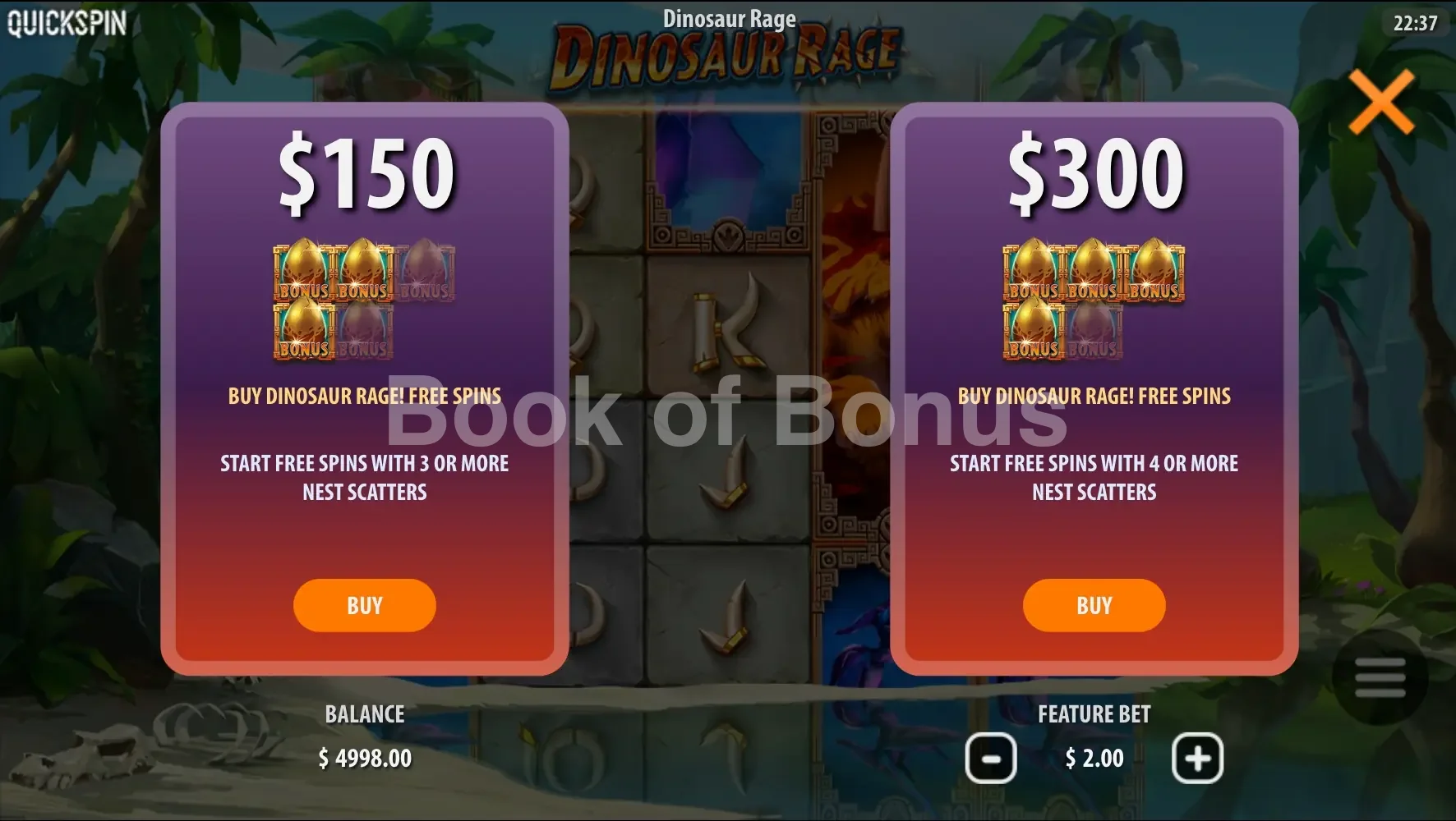 Dinosaur Rage par Quickspin - menu d'achat de bonus et options